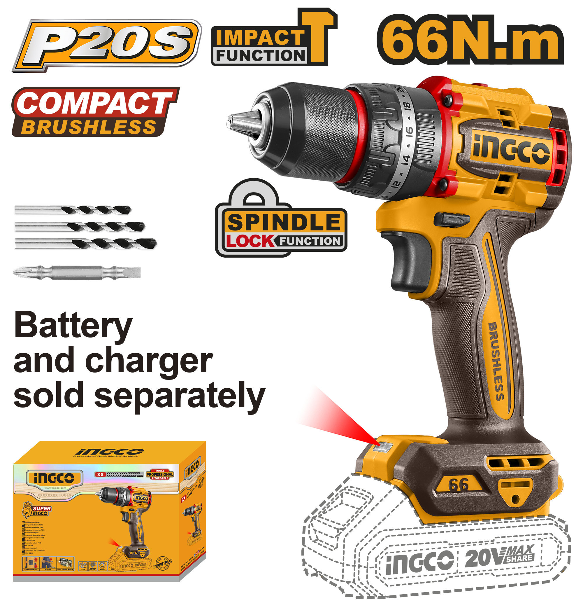 Voltage: 20V. No-load speed: 0 - 500 / 0 - 2 000 rpm. Max impact rate: 30 000 bpm. Max torque: 66 Nm. Metal chuck. Chuck capacity: 13 mm. Torque settings: 22 + 1 + 1. Mechanical 2-speed gear. Spindle lock function. Integrated LED work light. Battery and ch