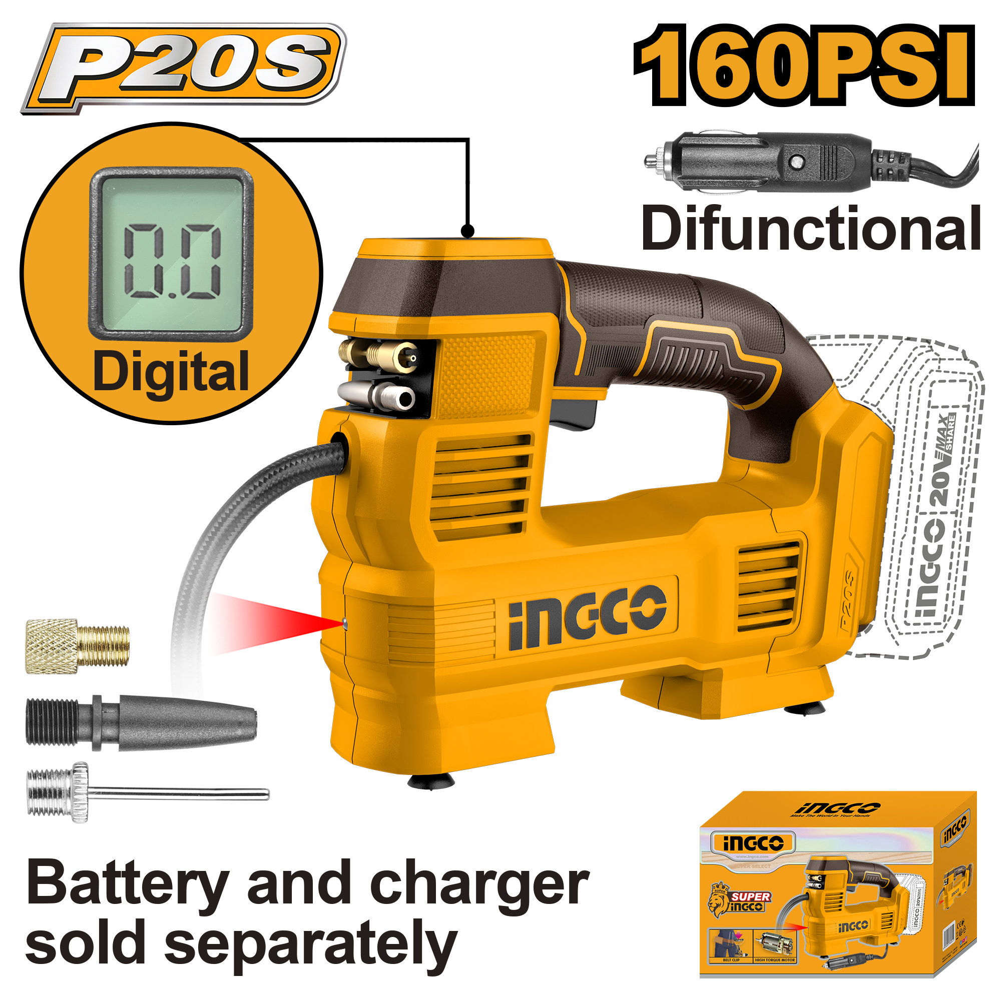 Voltage: 20V. Max pressure: 160 PSI / 11 Bar. Max air flow: 35 L/min. Integrated work light. Battery and charger sold separately. Includes: 3 adaptors, 1 x air tube, and 1 x 3 m cord with cigarette lighter plug. Packed by colour box.