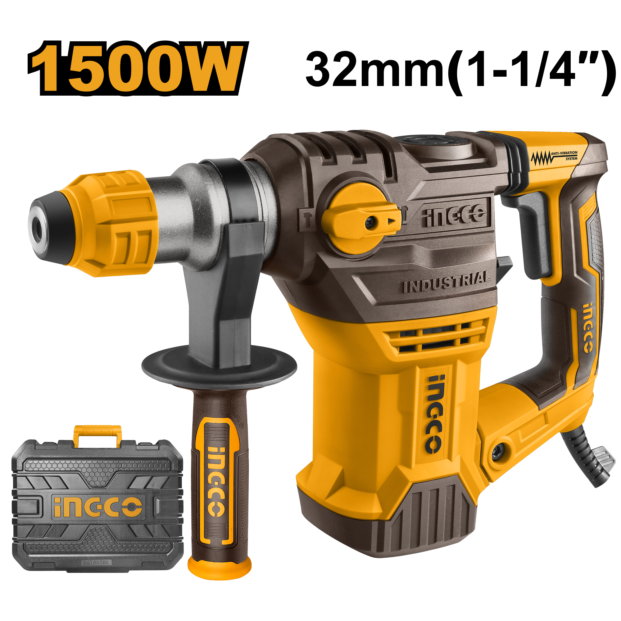 Voltage: 220 - 240V ~ 50/60Hz. Input power: 1 500W. No-load speed: 850 rpm. Impact rate: 4 400 bpm. Impact energy: 5.5 J. SDS Plus chuck system. Anti-vibration system. Max drilling capacity: concrete 32 mm, steel 13 mm, wood 40 mm. Includes: 3 x hammer dri