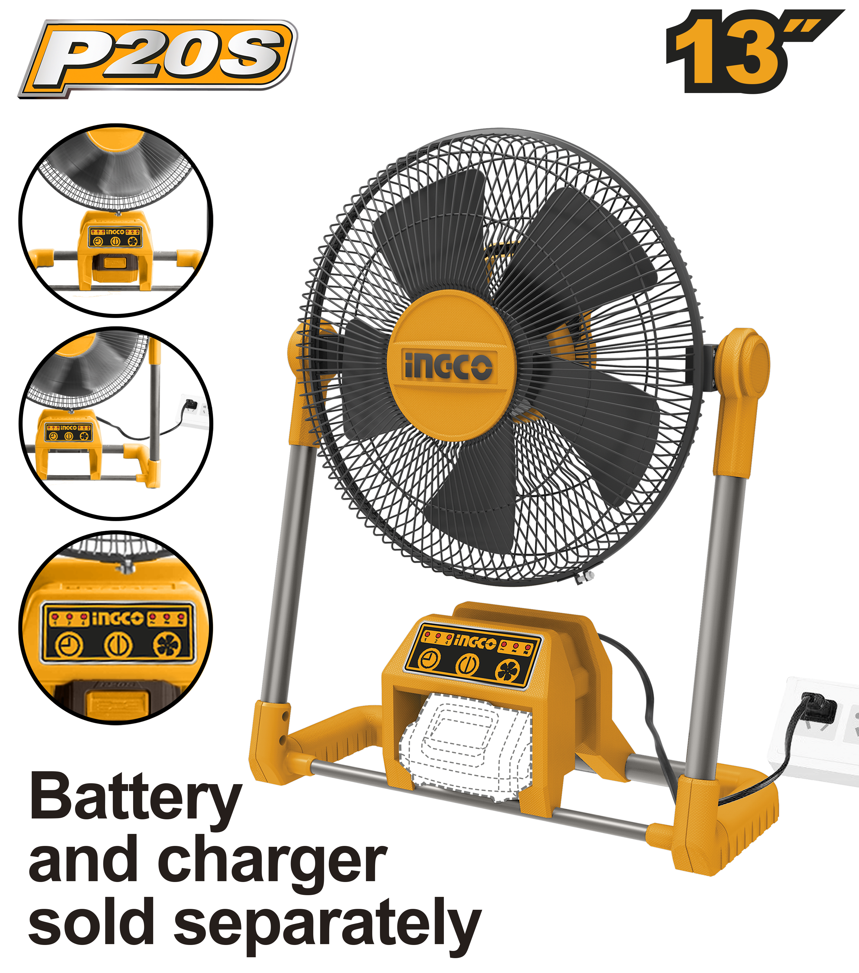 DC voltage: 20V. AC voltage: 220 - 240V ~ 50/60Hz. Speed settings: 3. Dimensions: 13" (325 mm). Battery and charger sold separately. Packed by carton box.