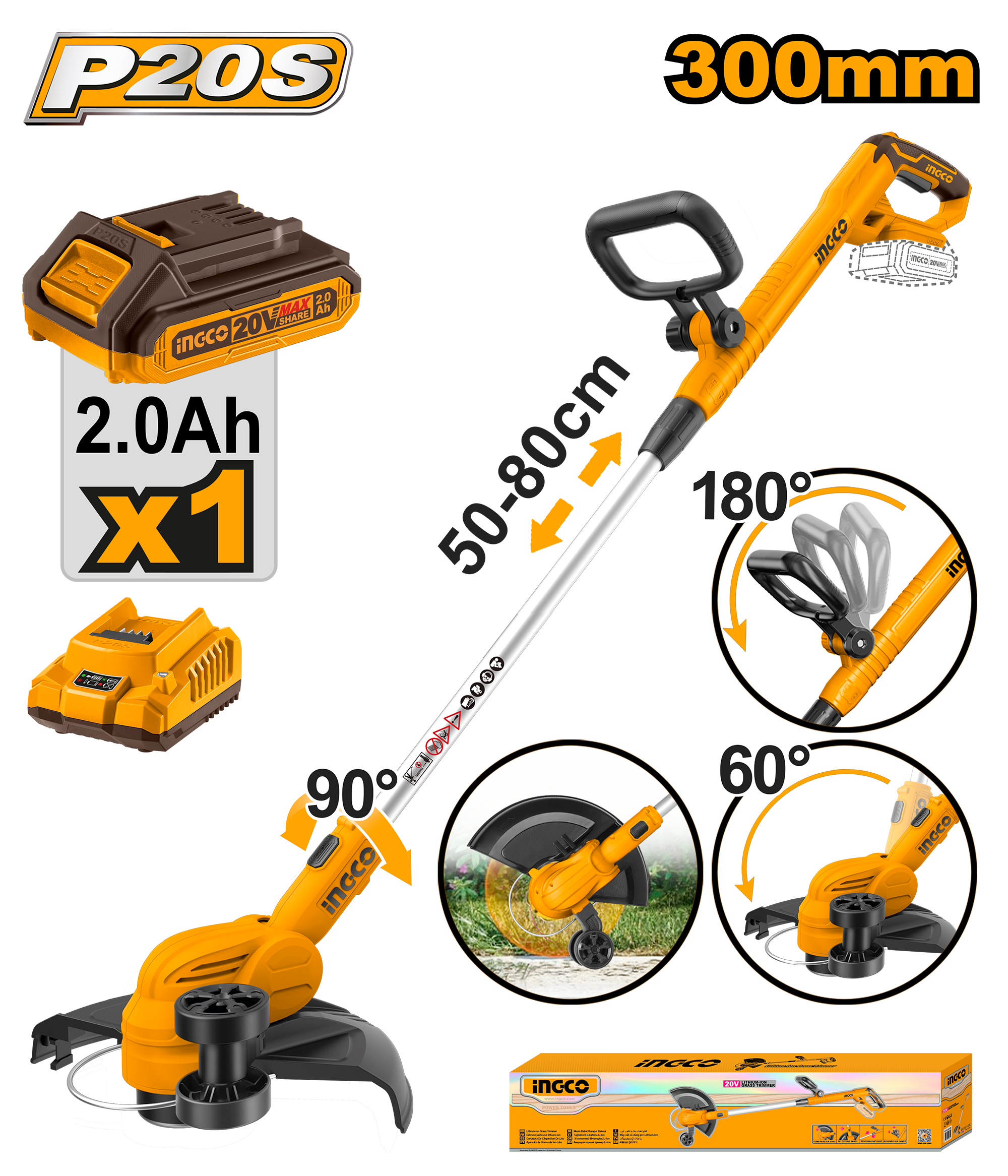 Voltage: 20V. No-load speed: 8 200 rpm. Cutting diameter: 300 mm. Line diameter: 1.6 mm twisted line. Line length: 5 m. In-line wheel edging function. Includes: 1 x 2.0Ah battery pack (FBLI2001), 1 x charger (FCLI2001E), charge volts: 220 - 240V ~ 50/60Hz. Packed by colour box.