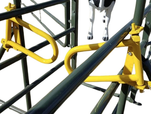 The anti-backing gate set is bolted onto your crush section to prevent cattle from backing out. The gates open only to the front when pushed by the cattle entering the crush. They are designed and welded at a gradient so that they naturally fall back into place behind the cattle. When the gate is closed in a crush with a 700mm inside width, there is a 120mm gap between the two gates.