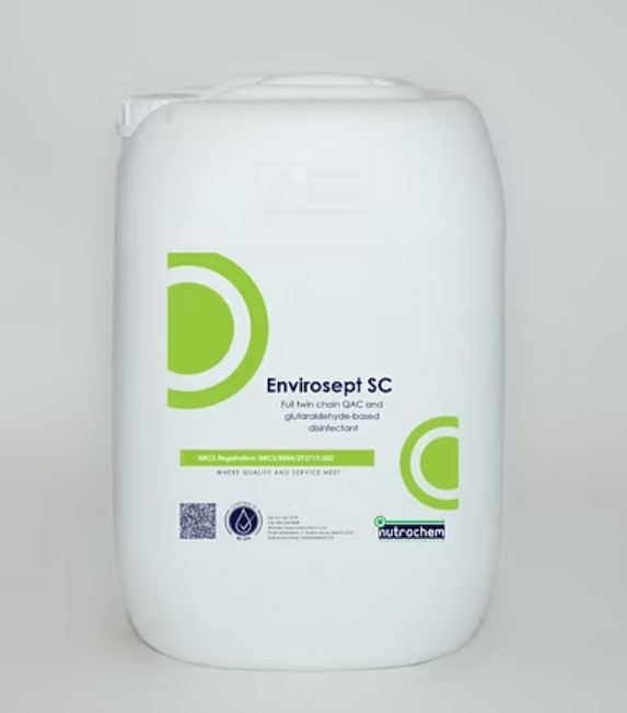 Envirosept SC is a disinfectant formulated with glutaraldehyde and full twin-chain QAC, designed to provide effective control against a broad spectrum of gram-positive and gram-negative organisms, including Pseudomonas aeruginosa, Escherichia coli, and Staphylococcus aureus, as well as various viruses. It is primarily developed for use in the pig and poultry industries, where maintaining high biosecurity standards is essential. In addition to these applications, Envirosept SC can also be used for cleaning and disinfecting dairy housing facilities and calf pens. The product is suitable for several biosecurity and sanitation applications, including broiler house and hatchery biosecurity programs, pig terminal biosecurity programs, use as a footbath disinfectant, and for fogging and aerial disinfection to help maintain hygienic conditions in animal production environments.