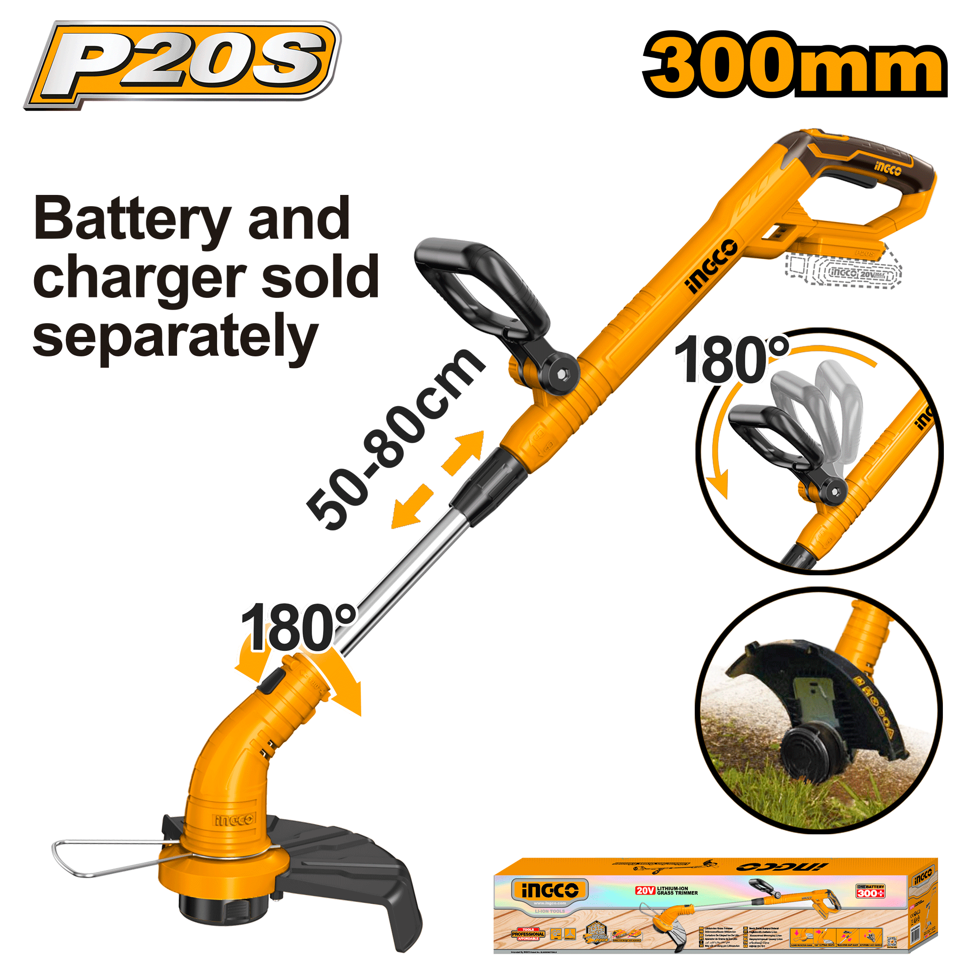 Voltage: 20V. No-load speed: 8 200 rpm. Cutting diameter: 300 mm. Line diameter: 1.6 mm twisted line. Line length: 5 m. Edging function. Battery and charger sold separately. Packed by colour box.