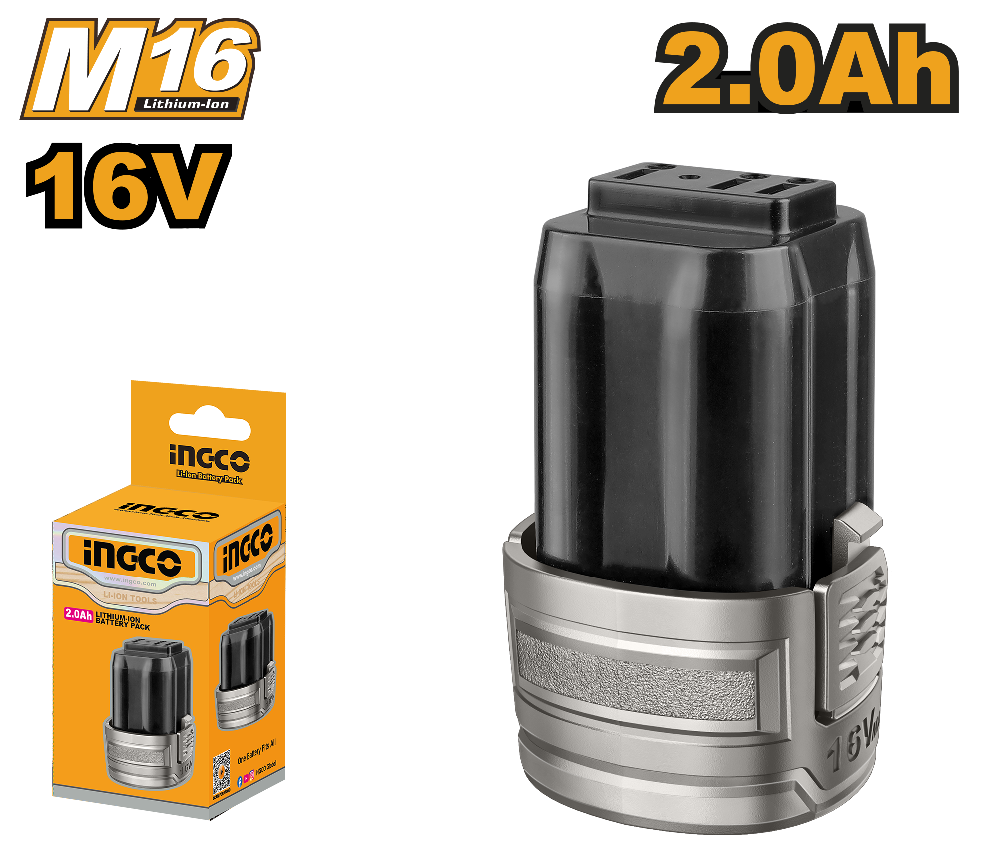 Voltage: 16V. Lithium-Ion 2.0Ah battery. One battery fits all M16 multiple tools. Packed by colour box.