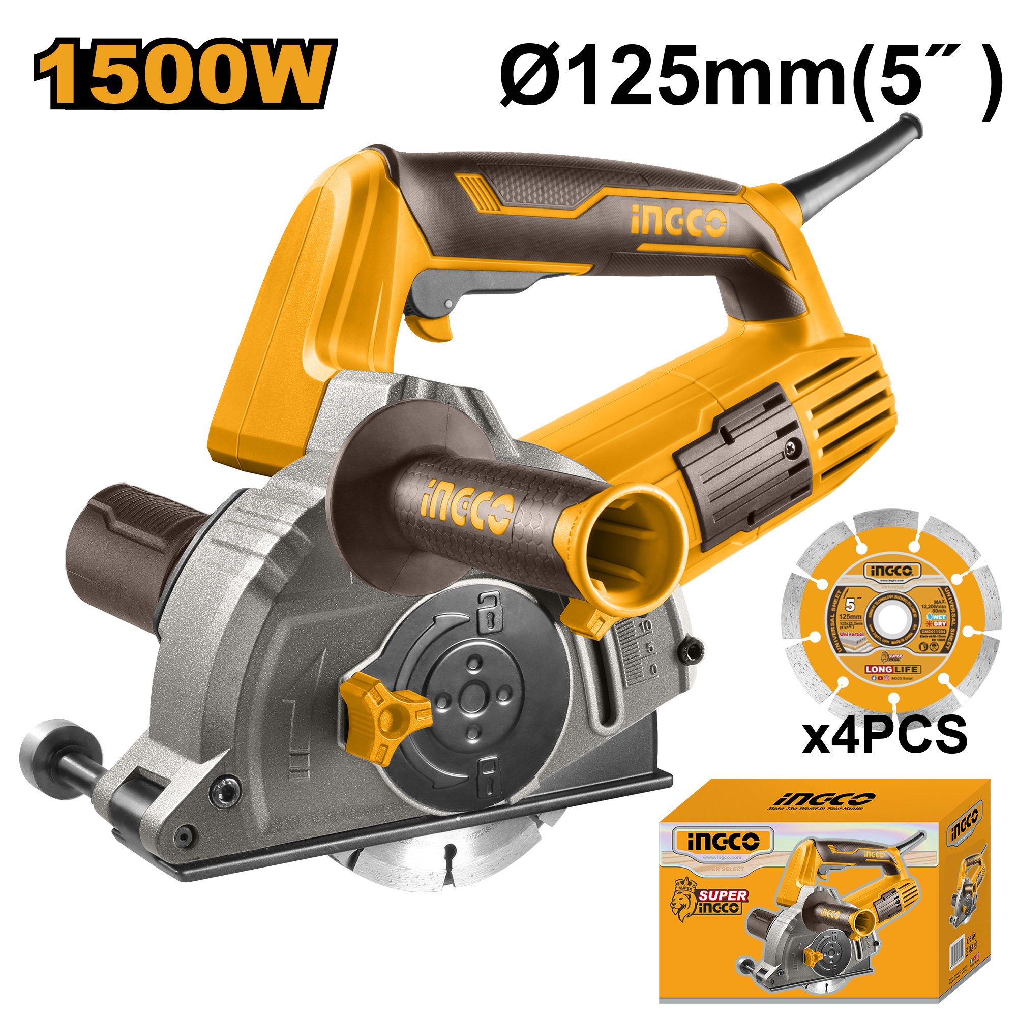 Voltage: 220 - 240V ~ 50/60Hz. Input power: 1 500W. No-load speed: 10 500 rpm. Disc diameter: 125 mm. Spindle thread: M14. Cutting depth: 3 - 29 mm. Cutting width: 8 - 30 mm. Includes: 1 x chisel, 1 x auxiliary handle, 4 x cutting discs, and 1 set of extra carbon brushes. Packed by colour box.