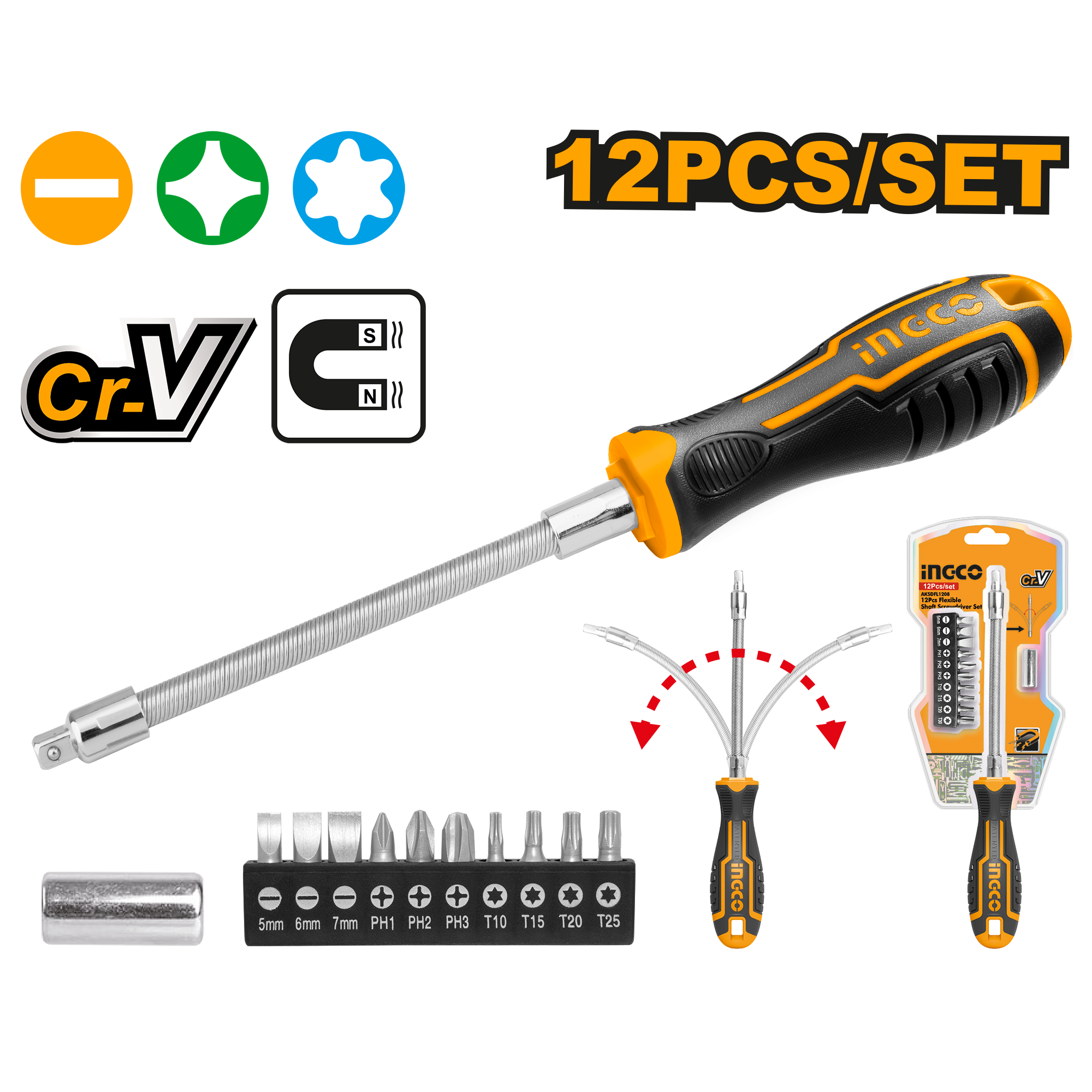 12 Pieces Flexible shaft screwdriver set Includes: 1 piece Flexible shaft handle 1 piece 4 - 6 mm (25 mm) bits adaptor 10 pieces 6.35 x 25 mm screwdriver bits: SL5, SL6, SL7, PH1, PH2, PH3, T10, T15, T20, T25 Packed by half double blister.