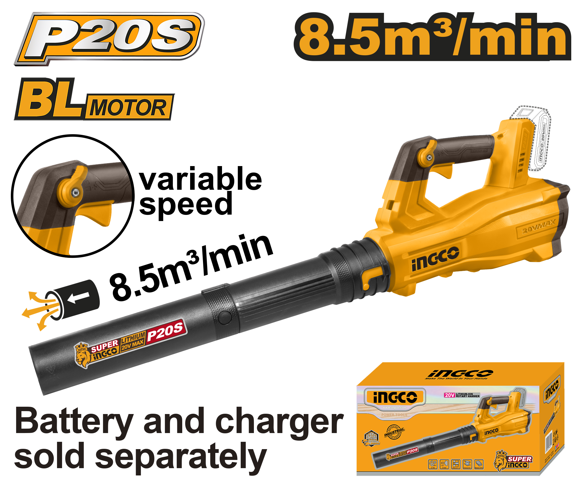 Brushless motor. Voltage: 20V. No-load speed: 0 - 18 500 rpm. Average air volume: 8.5 m³/min. Maximum air speed: 144 km/h. Variable speed control. Battery and charger sold separately. Packed by colour box.