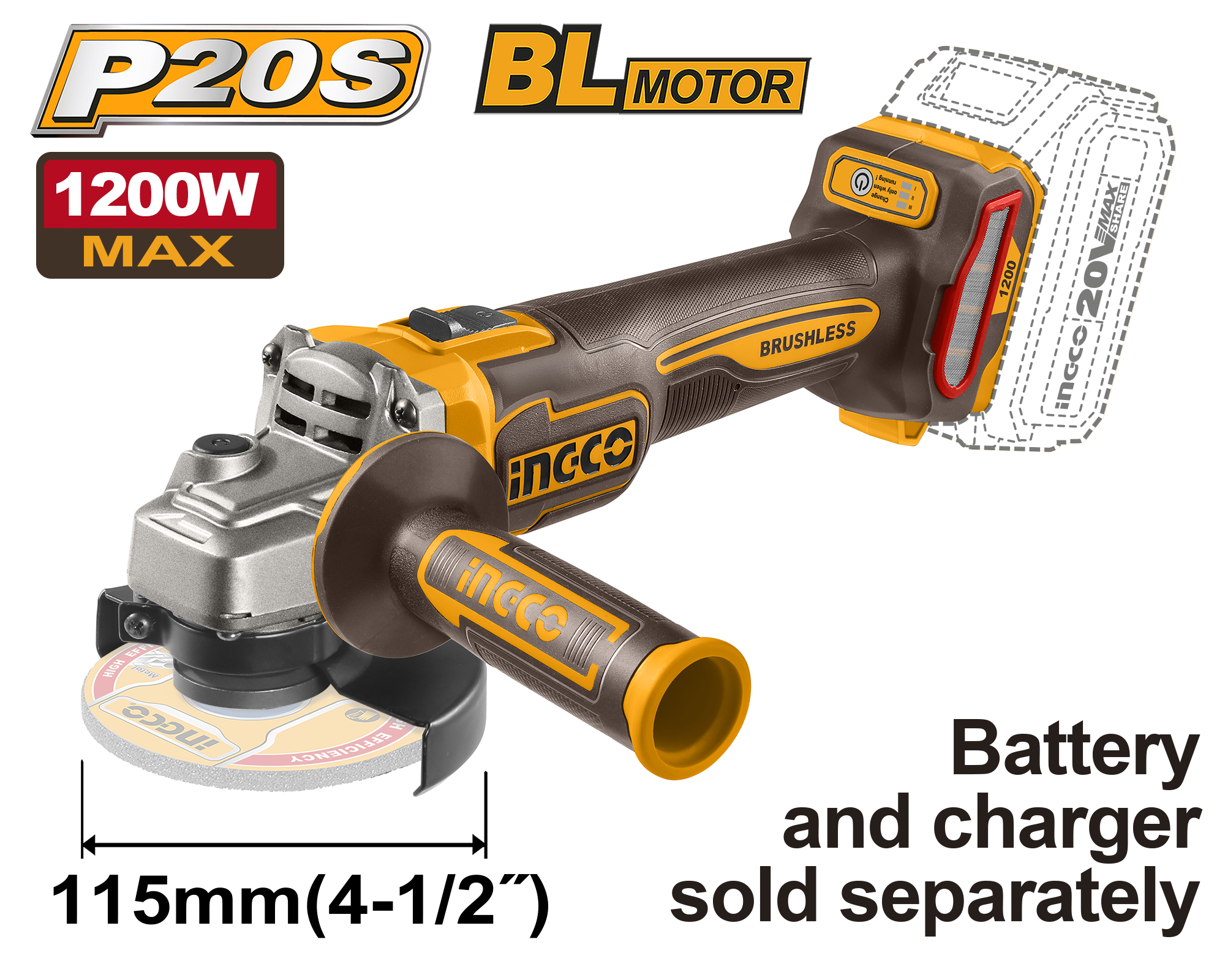 20V Brushless Angle Grinder with max input power of 1 200W, no-load speeds of 3 000 / 6 000 / 9 000 rpm, 115 mm disc diameter, and M14 spindle thread. Disc not included. Battery and charger sold separately. Packed by colour box.