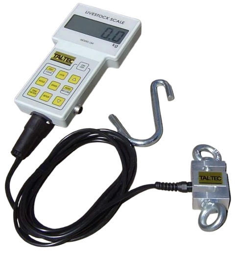 This unit is primarily used for weighing sheep and fits the Sheep Hang Crate. It includes a rechargeable battery, chargers, and a damper function for active animals. Note that it does not connect to a computer, and weights must be recorded manually.