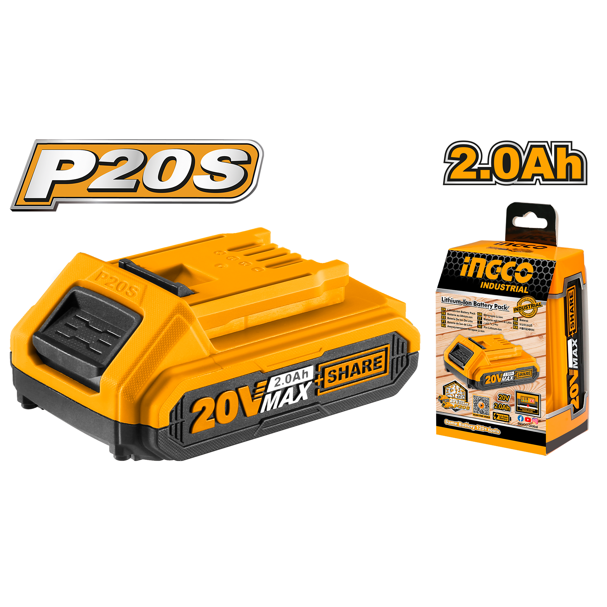 The product has volts 20v, lithium ion 2.0ah battery, led battery power indicator, one battery fits all pieces 20s multiple tools and is packed by colour box.