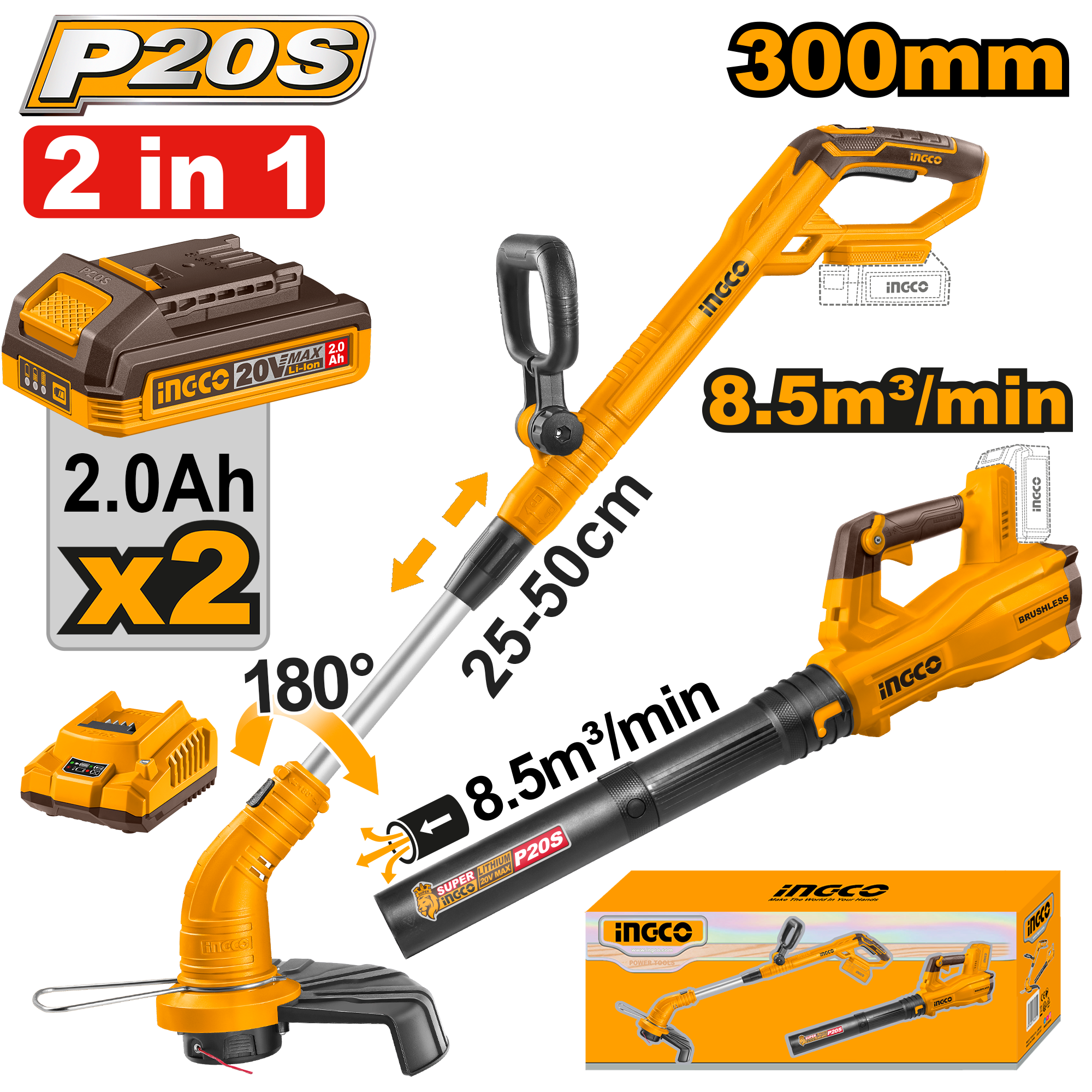 Voltage: 20V. Includes 1 x Cordless Grass Trimmer (CGTLI20018) and 1 x Cordless Blower (CABLI20428). Cordless Grass Trimmer (CGTLI20018): No-load speed: 8 200 rpm. Cutting diameter: 300 mm. Line diameter: 1.6 mm twisted line. Line length: 5 m. Edging function. Cordless Blower (CABLI20428): Brushless motor. No-load speed: 0 - 18 500 rpm. Average air volume: 8.5 m³/min. Maximum air speed: 144 km/h. Variable speed control. Includes: 2 x 2.0Ah battery packs (FBLI20011), 1 x charger (FCLI2001), charge volts: 220 - 240V ~ 50/60Hz. Packed by colour box.