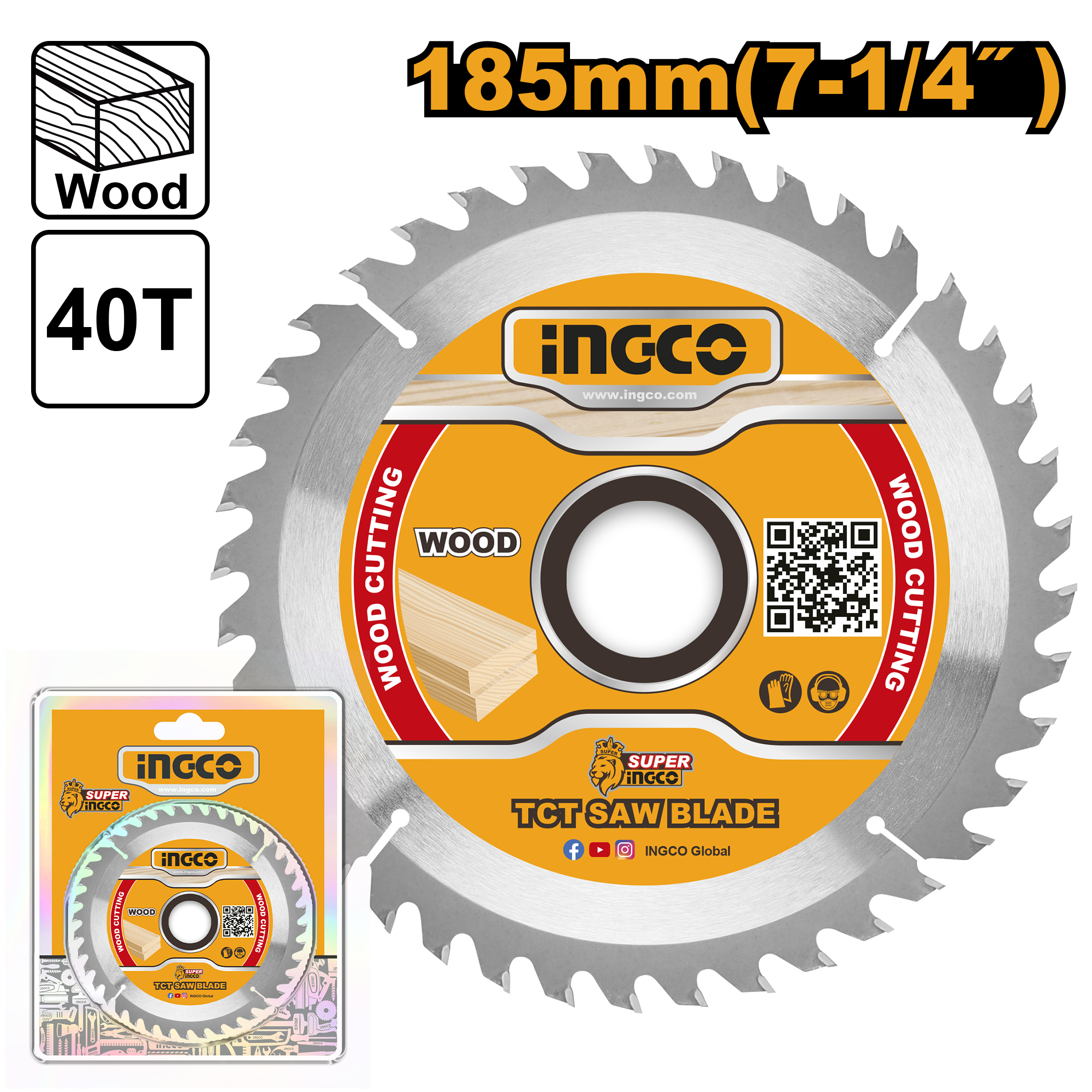 185 mm (7-1/4") 40T circular saw blade with 20 mm arbor and 16 mm reduction ring. Suitable for circular saw model CS18528 and designed for wood cutting. Packed by colour box.