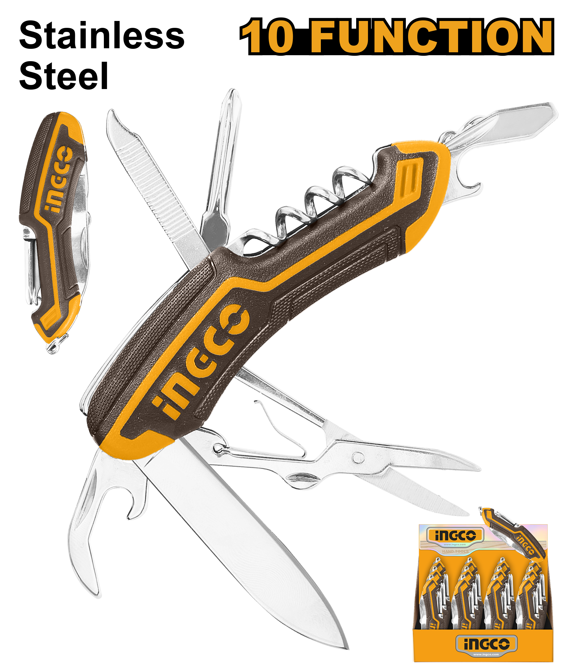 Multi-function knife. Product size: 9.5 cm. Two-colour soft handle. 10 functions: large knife, can opener, Phillips screwdriver, bottle opener, scissors, slotted screwdriver, corkscrew, nail cleaner, nail file, and key ring. Packed by display colour box.