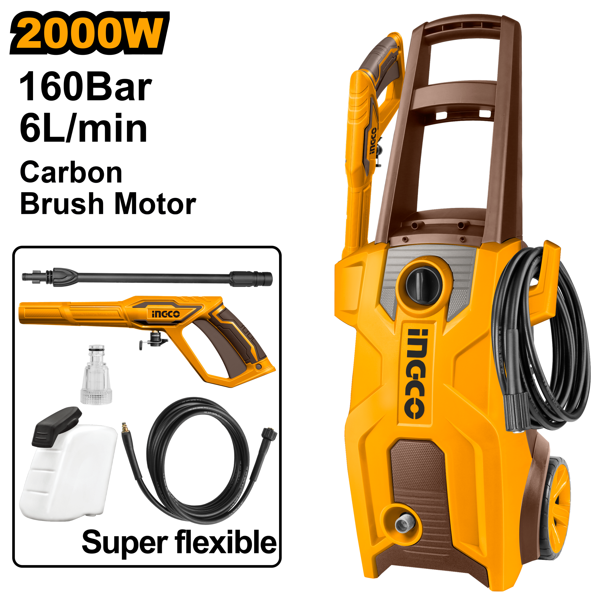 Voltage: 220 - 240V ~ 50/60Hz. Carbon brush motor. Pure copper wire. Input power: 2 000W. Max pressure: 160 Bar (2 320 PSI). Flow rate: 6.0 L/min. Auto stop system. Includes: 1 x water spray gun (AMSG028), 1 x 5 m super-flexible high-pressure hose, 1 x water inlet screw, and 1 x soap bottle. Packed by colour box.