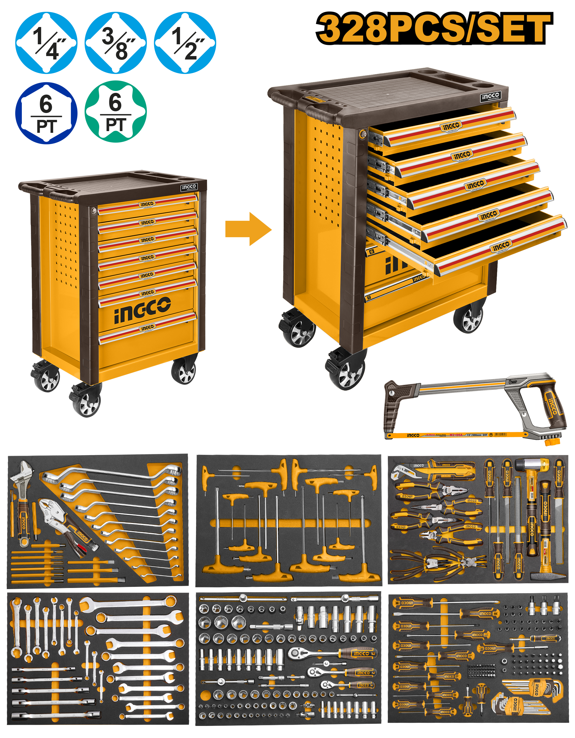 328-piece tool chest set with 7 drawers, overall size 765 x 465 x 812 mm (976 mm including casters), 5" x 2" casters, cabinet thickness 0.8 - 1.0 mm, and drawer thickness 0.7 mm. Features five 536 x 410 x 74.5 mm drawers, two 536 x 410 x 153.5 mm drawers, and 5 iron hooks. Includes a comprehensive 328-piece tool assortment with ratchets, sockets, bit sockets, extensions, adaptors, spanners, screwdrivers, hex keys, and accessories. Packed in EVA foam, carton box, and pallet.