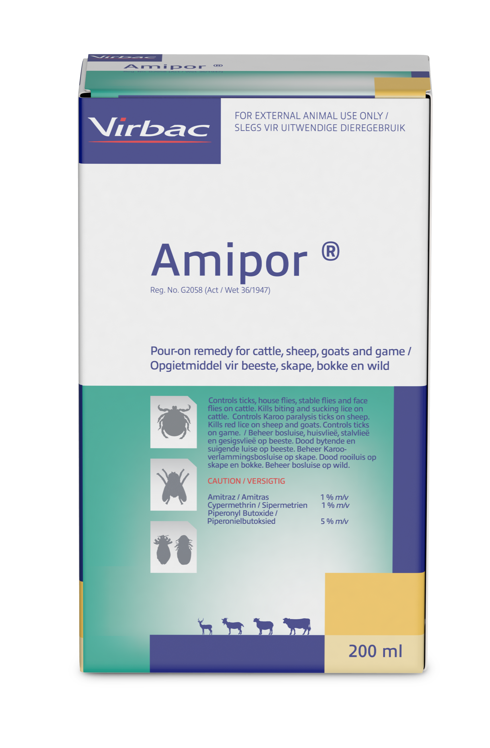 Controls ticks, house flies, stable flies and face flies on cattle. Kills biting and sucking lice on cattle. Controls Karoo Paralysis ticks on sheep. Kills Red lice on sheep and goats. Controls ticks on game. COMPOSITION : Amitraz 1% m/v, cypermethrin 1% m/v, piperonyl butoxide 5% m/v. COMPOSITION : Amitraz 1% m/v, cypermethrin 1% m/v, piperonyl butoxide 5% m/v. CATTLE AND GAME : Use 1ml per 100kg body mass. SHEEP AND GOATS : Controls Karoo Paralysis ticks on sheep Use 2ml per 10kg body mass. Kills red lice in sheep and goats Use 4ml per 10kg body mass.