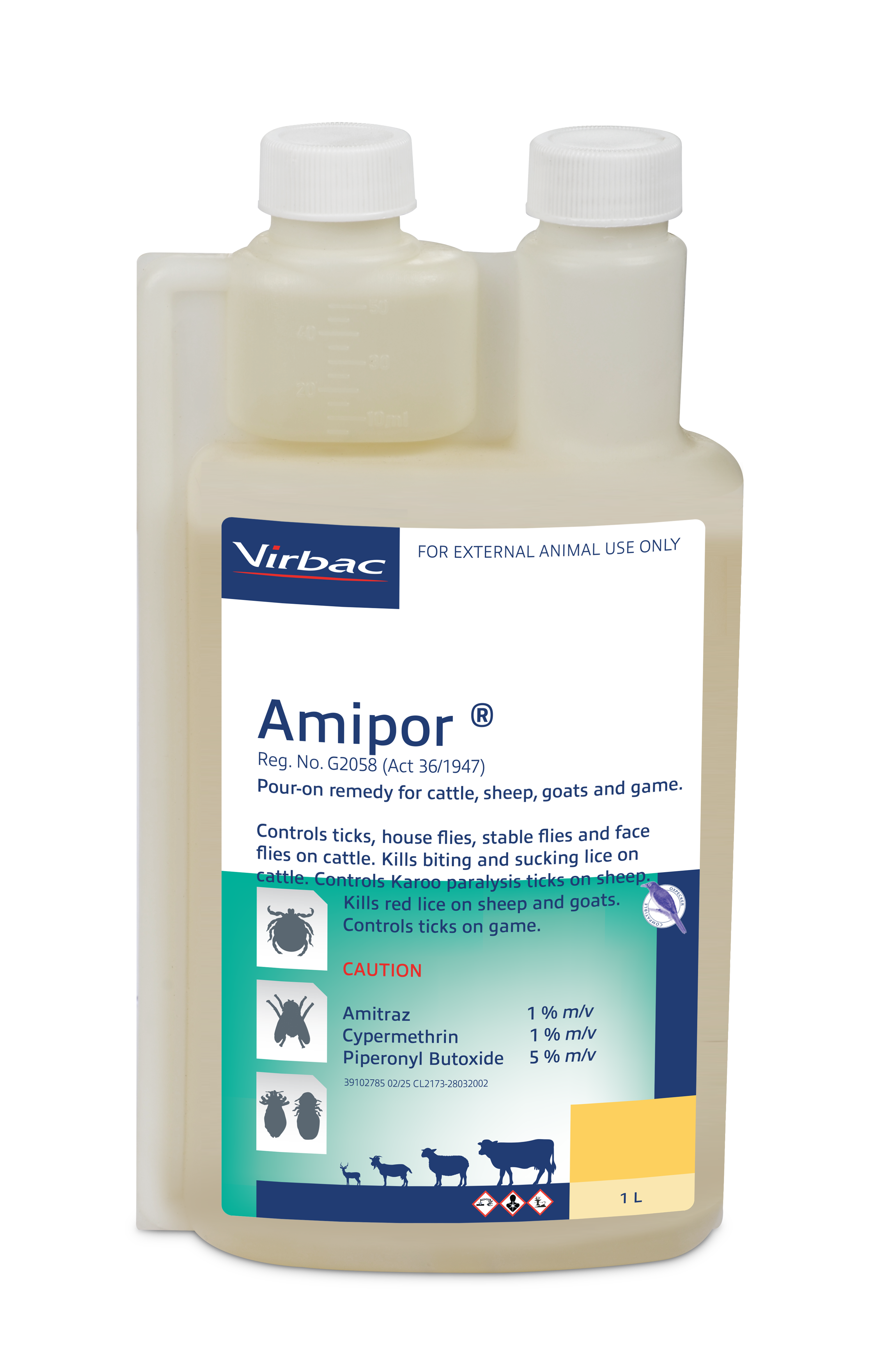Controls ticks, house flies, stable flies and face flies on cattle. Kills biting and sucking lice on cattle. Controls Karoo Paralysis ticks on sheep. Kills Red lice on sheep and goats. Controls ticks on game. COMPOSITION : Amitraz 1% m/v, cypermethrin 1% m/v, piperonyl butoxide 5% m/v. COMPOSITION : Amitraz 1% m/v, cypermethrin 1% m/v, piperonyl butoxide 5% m/v. CATTLE AND GAME : Use 10ml per 100kg body mass. SHEEP AND GOATS : Controls Karoo Paralysis ticks on sheep Use 2ml per 10kg body mass. Kills red lice in sheep and goats Use 4ml per 10kg body mass.