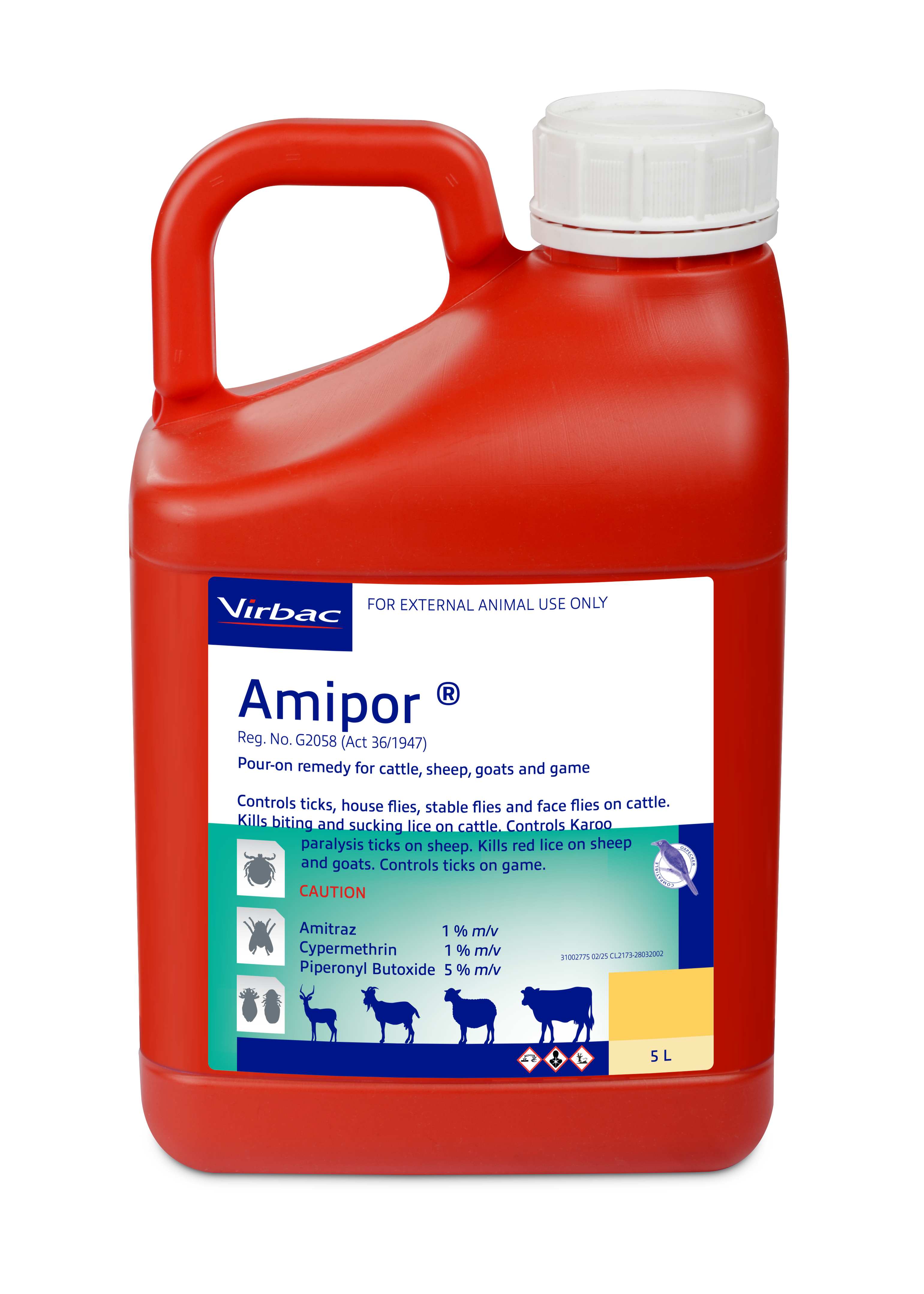 Controls ticks, house flies, stable flies and face flies on cattle. Kills biting and sucking lice on cattle. Controls Karoo Paralysis ticks on sheep. Kills Red lice on sheep and goats. Controls ticks on game. COMPOSITION : Amitraz 1% m/v, cypermethrin 1% m/v, piperonyl butoxide 5% m/v. COMPOSITION : Amitraz 1% m/v, cypermethrin 1% m/v, piperonyl butoxide 5% m/v. CATTLE AND GAME : Use 10ml per 100kg body mass. SHEEP AND GOATS : Controls Karoo Paralysis ticks on sheep Use 2ml per 10kg body mass. Kills red lice in sheep and goats Use 4ml per 10kg body mass.