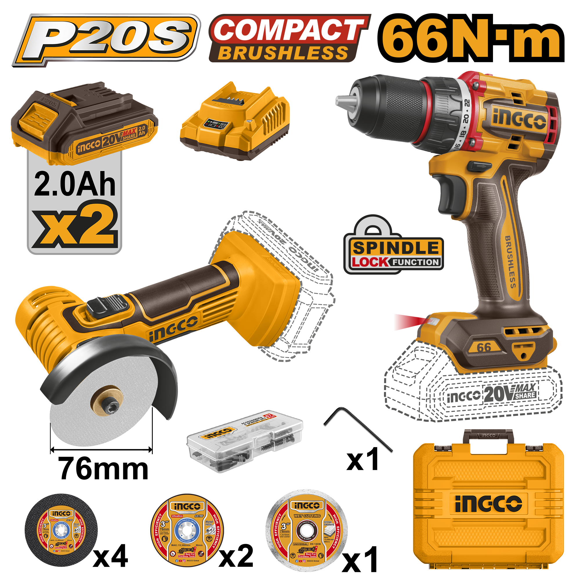 Voltage: 20V. Includes 1 x Cordless Mini Cut-Off Tool (CAGLI7601) and 1 x Compact Brushless Cordless Drill (CDLI206681). Cordless Mini Cut-Off Tool (CAGLI7601): No-load speed: 19 500 rpm. Disc diameter: 76 mm (3"). Spindle thread: M6. Disc location: left. Compact Brushless Cordless Drill (CDLI206681): Brushless motor. No-load speed: 0 - 500 / 0 - 2 000 rpm. Max torque: 66 Nm. Metal chuck. Chuck capacity: 13 mm. Torque settings: 22 + 1. Mechanical 2-speed gear. Spindle lock function. Integrated LED work light. Includes: 4 abrasive metal cutting discs, 2 abrasive metal grinding discs, 1 wet diamond disc, 1 hex key, 47 accessories, 2 x 2.0Ah battery packs (FBLI20011), 1 x 20V charger (FCLI2001), charge volts: 220 - 240V ~ 50/60Hz. Packed by carrying case.