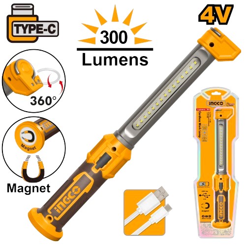 Using Li-polymer rechargeable battery. Lumens: Max: 300 �10%, Low: 75 �10%. LED power dissipation: 3.5W. Hidden folding hook. Handle features a magnetic base for easy metal surface attachment. Using Li-polymer rechargeable battery. With USB charging line. Net weight: 220g. Packed by double blister.