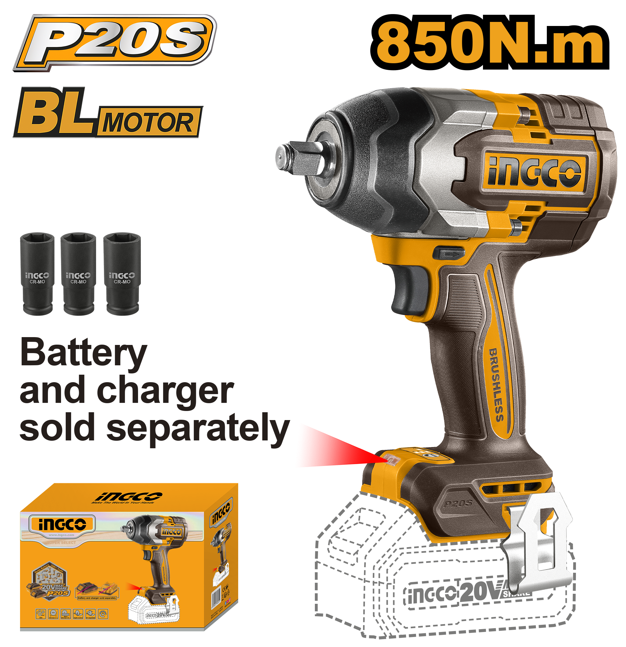 Brushless motor. Voltage: 20V. Square drive: 1/2". No-load speed: 0 - 1 600 / 0 - 2 100 / 0 - 2 400 rpm. Impact rate: 0 - 1 500 / 0 - 1 800 / 0 - 2 200 bpm. Fastening torque: 850 Nm. Nut-busting torque: 1 000 Nm. Integrated LED work light. Battery and charger sold separately. Includes: 3 deep sockets (22, 24, and 27 mm) and 1 belt clip. Packed by colour box.