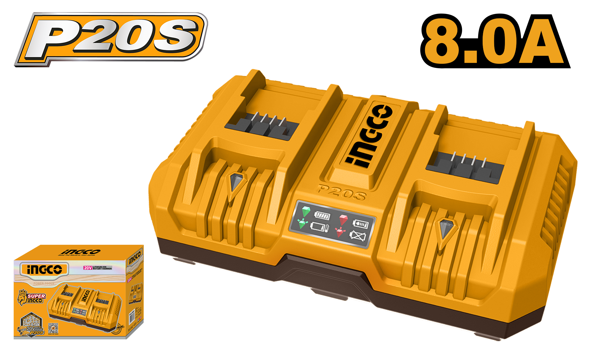 Input voltage: 220 - 240V ~ 50/60Hz. Output voltage: 20V. Output current: 4A + 4A. Accepts up to 2 P20S battery packs. Dual active battery ports for individual charging. Packed by colour box.