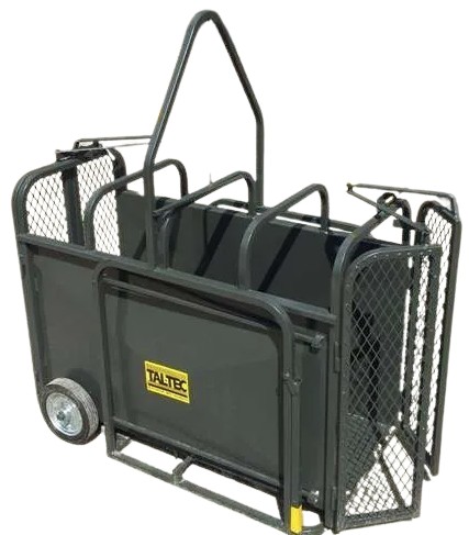 The sheep crate features wheels on one end and lever arms on the other, making it easy for the farmer to maneuver. It can be equipped with an optional LS4H scale or Mini Crane scale to weigh the animals. The crate includes butterfly doors that are operated using a handle at the top. The internal dimensions of the crate are 1.25 meters in length and 0.5 meters in width.