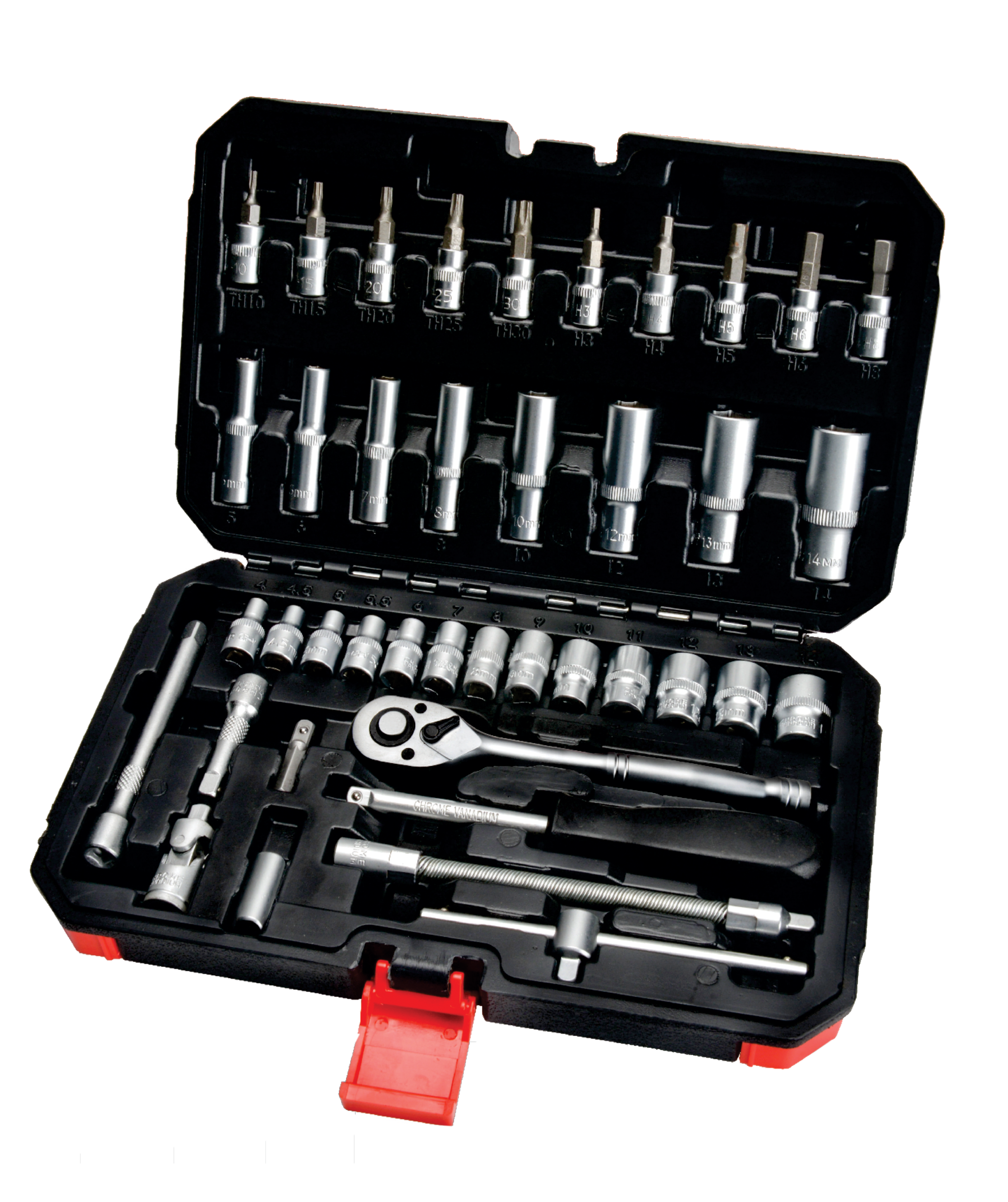 Our high quality Chrome Vanadium Socket Set is ideal for workshops and farmers. Instead of a rubber handle we use a satin finish heavy duty all steel ratchet handle which is easy to clean even after years of use.
