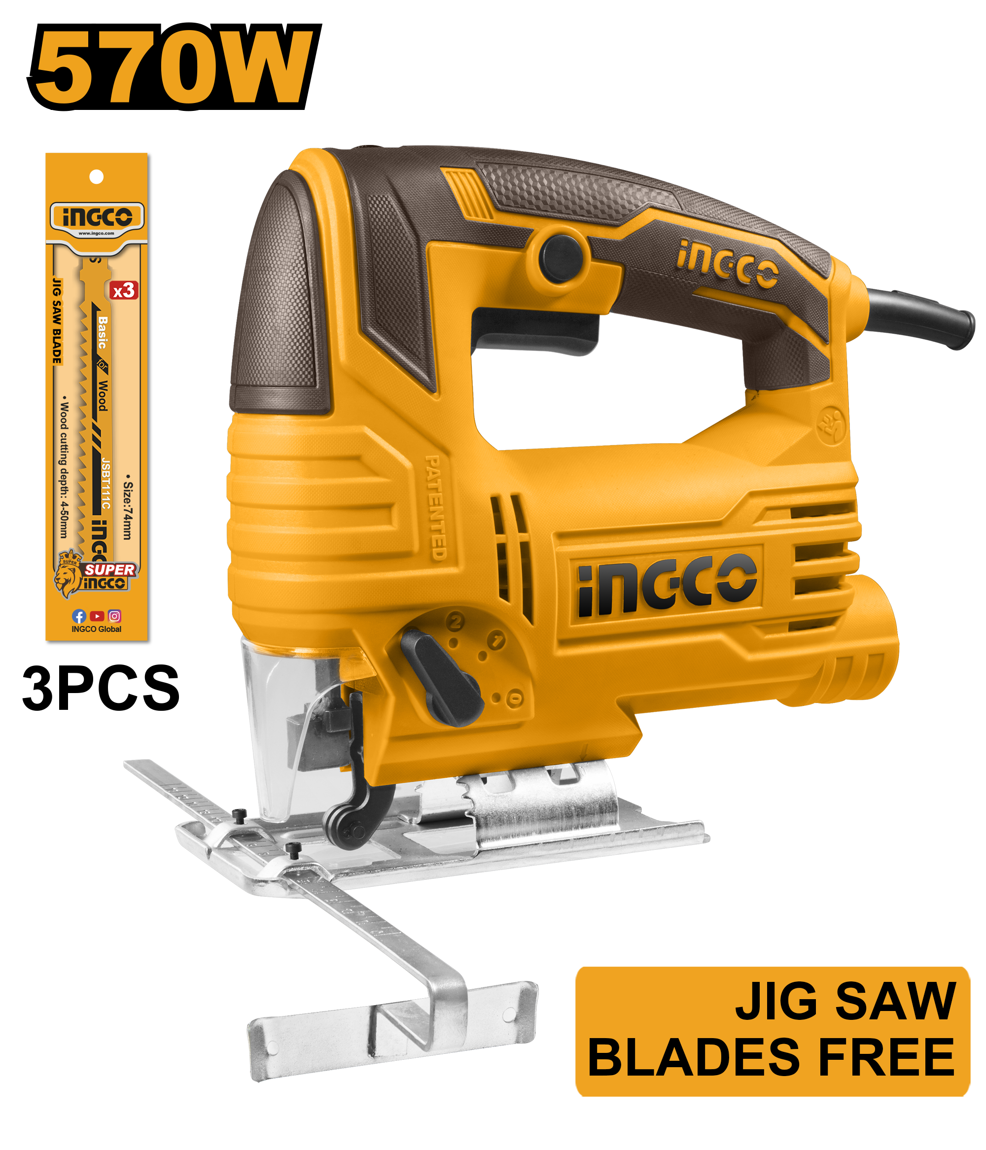 Voltage: 220 - 240V ~ 50/60Hz. Input power: 570W. No-load speed: 800 - 3 000 rpm. Variable speed control. 4-step pendulum function. Cutting capacity: wood 65 mm, steel 8 mm. Includes: 3 x saw blades and 1 set of extra carbon brushes. Packed by colour box.