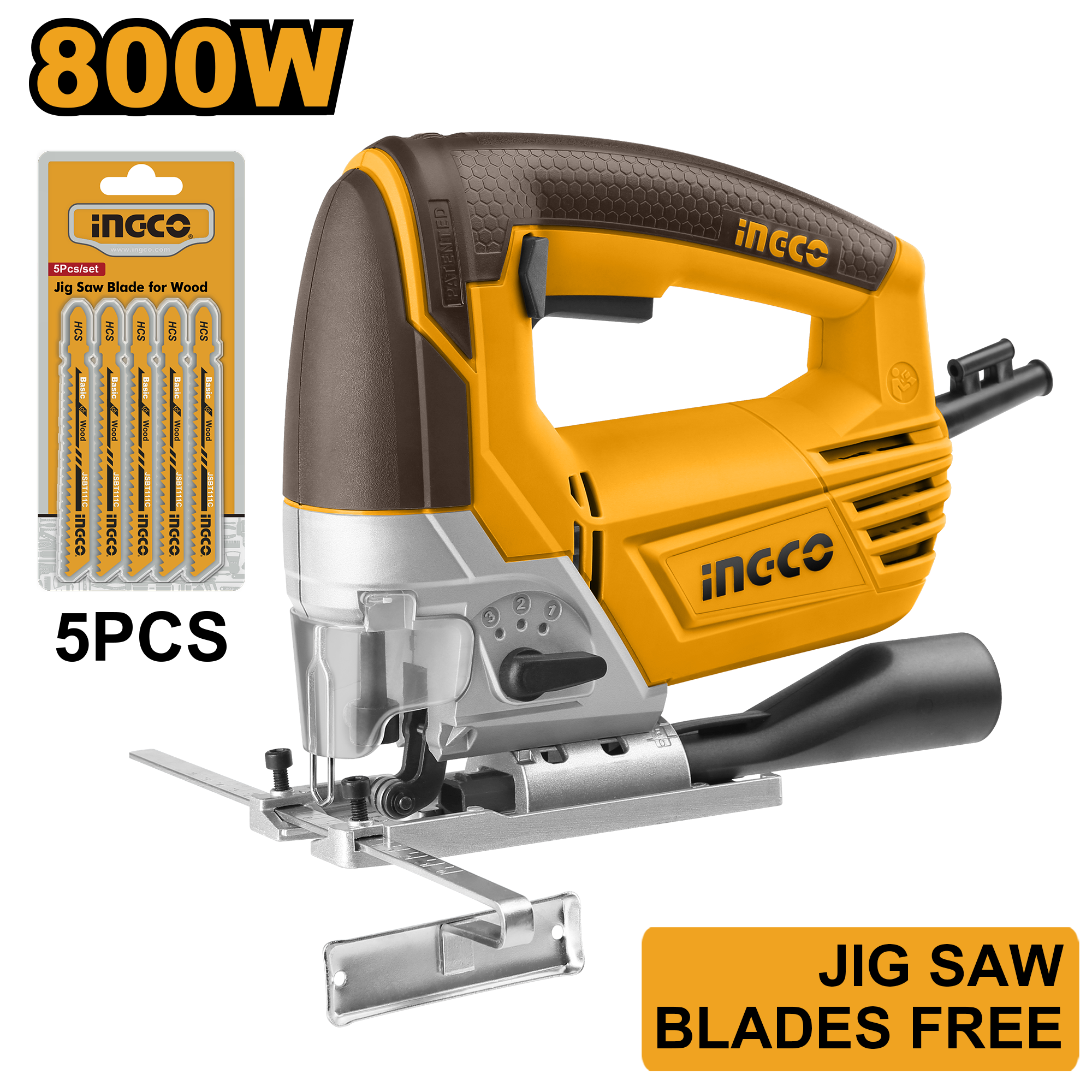 Voltage: 220 - 240V ~ 50/60Hz. Input power: 800W. No-load speed: 800 - 3 000 rpm. Variable speed control. 4-step pendulum function. Aluminium base. Cutting capacity: wood 100 mm, steel 10 mm. Includes: 5 x saw blades and 1 set of extra carbon brushes. Packed by colour box.