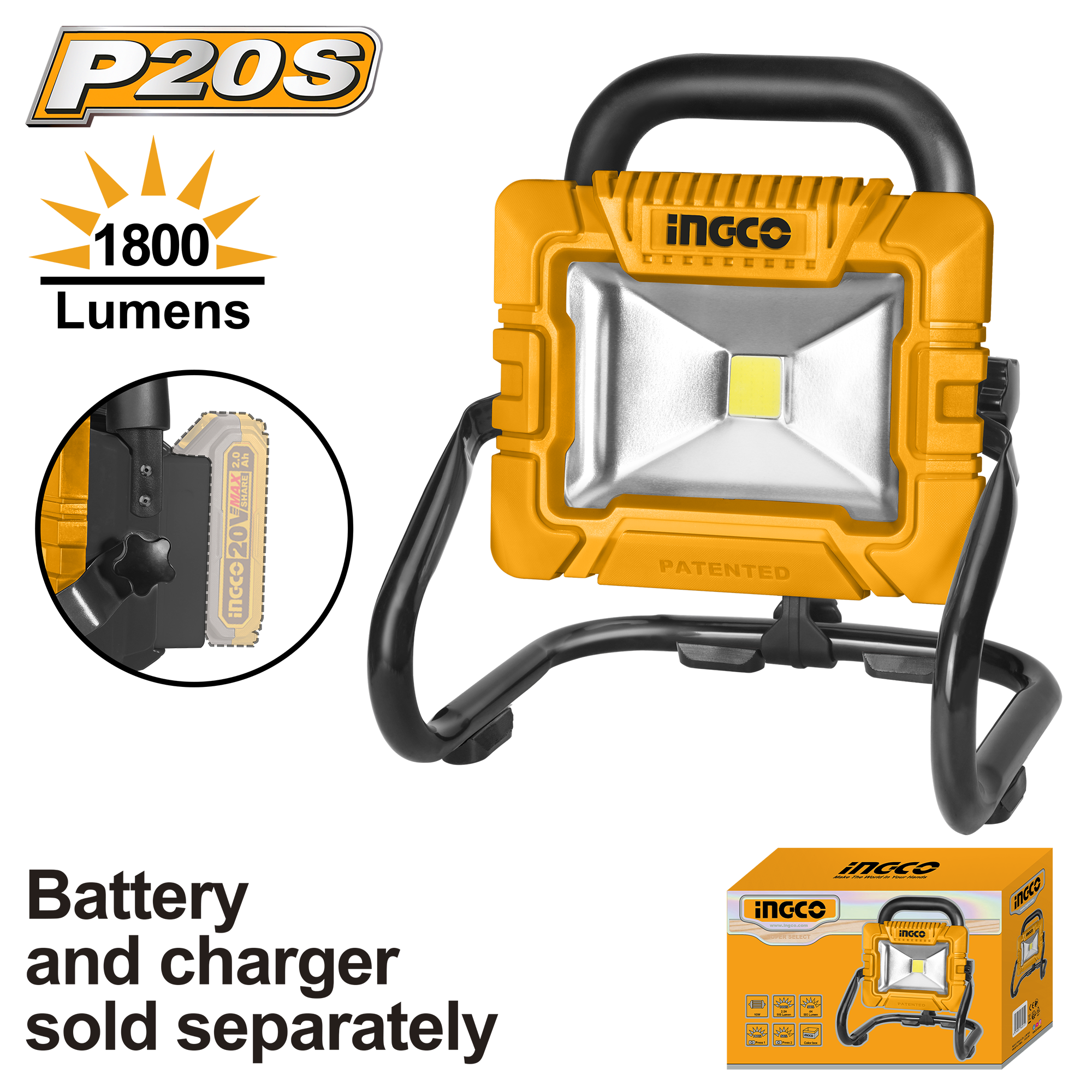 Voltage: 20V. LED power dissipation: 20W. Lumens: High 1 800, Low 900. Battery and charger sold separately. Packed by colour box.