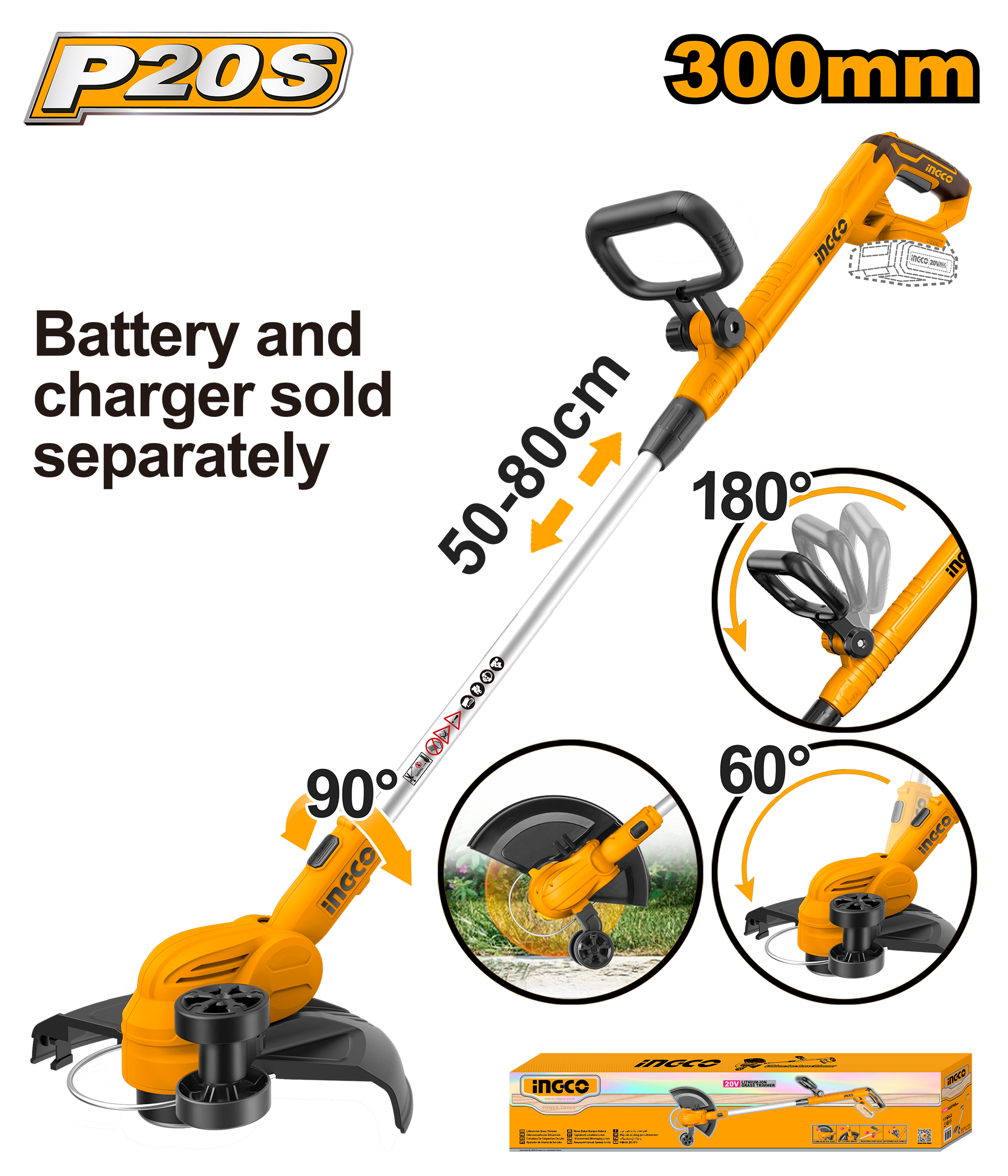 Voltage: 20V. No-load speed: 8 200 rpm. Cutting diameter: 300 mm. Line diameter: 1.6 mm twisted line. Line length: 5 m. In-line wheel edging function. Battery and charger sold separately. Packed by colour box.