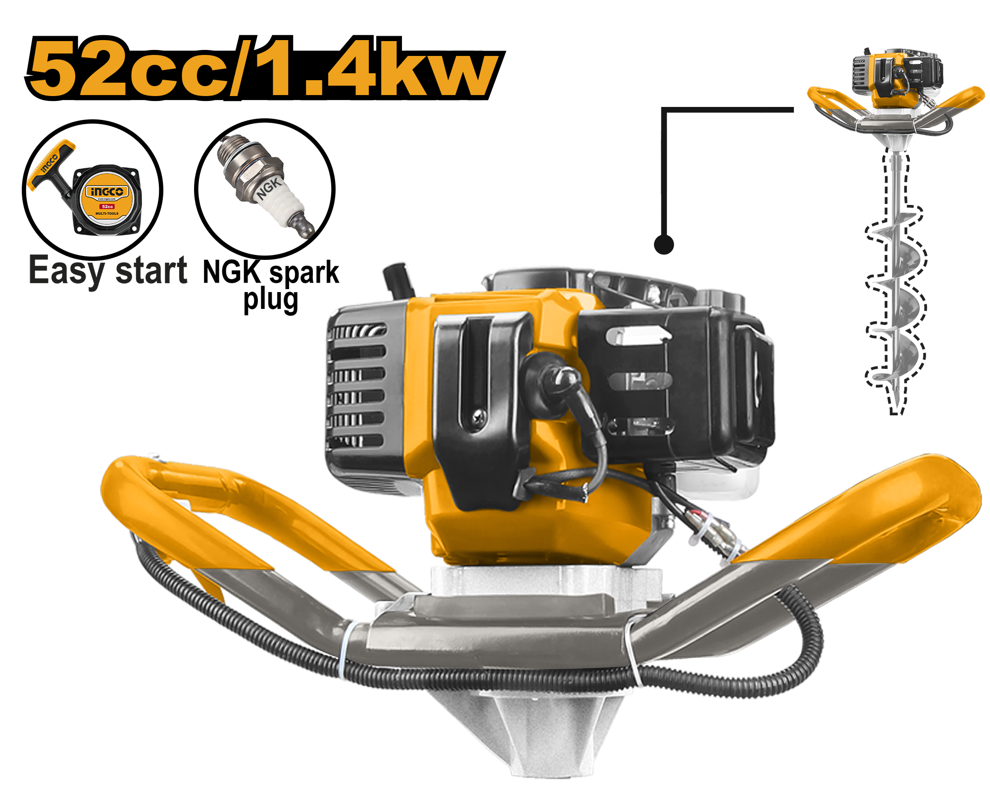 Rated power: 52cc / 1.4kW. Auger speed: 0 - 265 r/min. 2-stroke engine. Fuel tank capacity: 1 200 ml. Max engine speed: 9 000 r/min. Max idle speed: 3 300 � 300 r/min. Suitable for use with GEA55221-2. Packed by carton box.