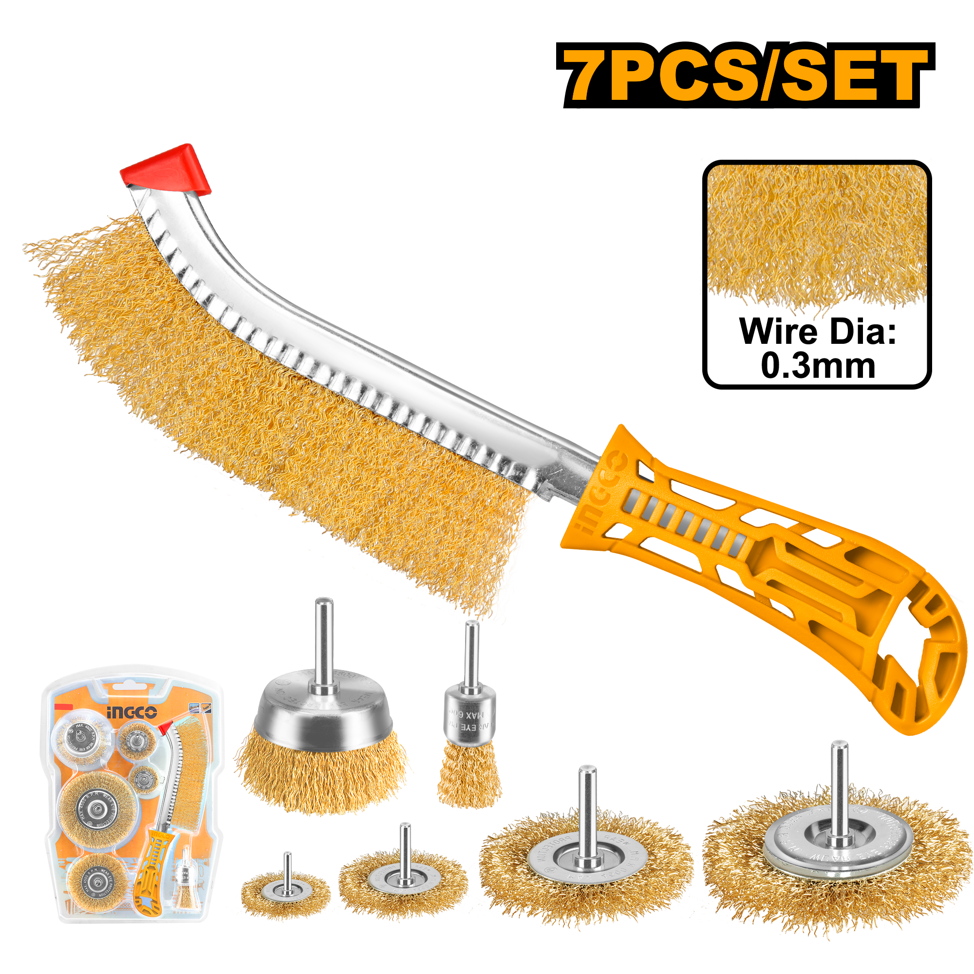 7-piece wire brush set. Includes: 1 x 10" wire brush, 1 x 1" wire end brush with shank, 1 x 1.5" circular grinding wire brush, 1 x 2" circular grinding wire brush, 1 x 3" circular grinding wire brush, 1 x 4" circular grinding wire brush, and 1 x 2.5" cup brush with shank. Suitable for planing, deburring, edge honing, descaling, paint stripping, and weld seam cleaning. Suitable for steel, cast steel, soft wood, and hard wood. Packed by double blister.
