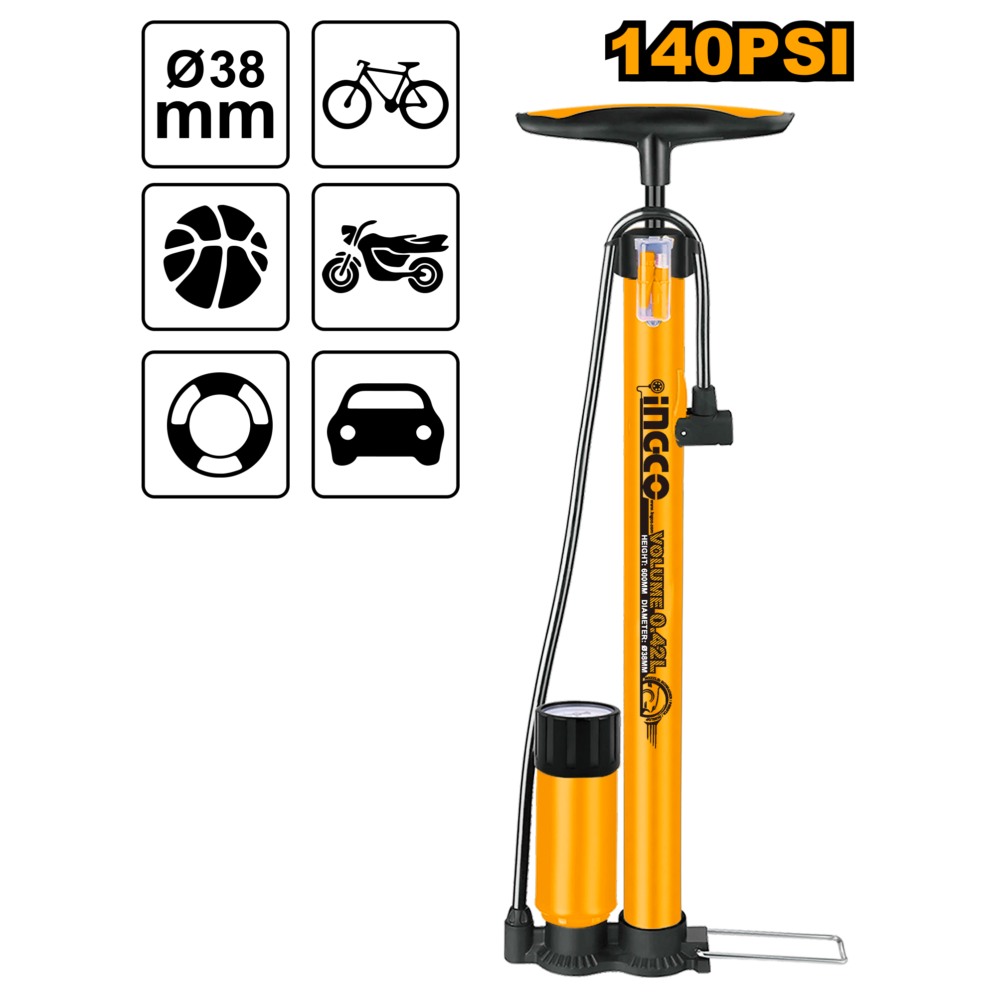 Size: 38 x 500 mm. Gauge diameter: 50 mm. Bar and PSI dual units. High-pressure durable hose. Head fits Schrader, Presta, and Dunlop valves. Includes: plastic handle, steel tube, plastic base, and tank.