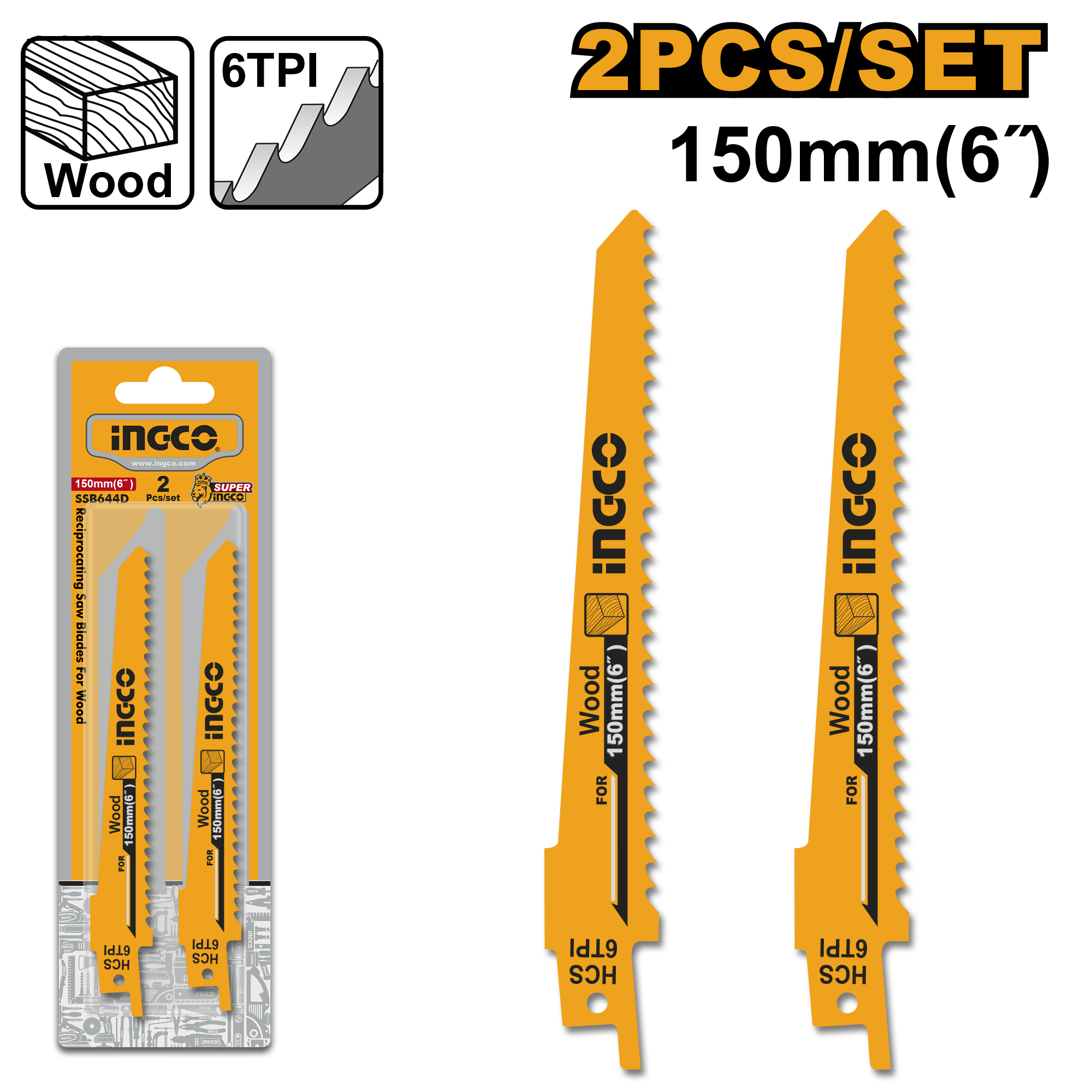 2-piece reciprocating saw blade set for wood cutting. Blade size: 150 x 19 x 1.25 mm, 6 TPI, HCS, milled teeth, with 1/2" shank. Designed for fast cutting of wood, composite materials, and plastic (diameter <100 mm). Suitable for RS8008. Packed by blister card.