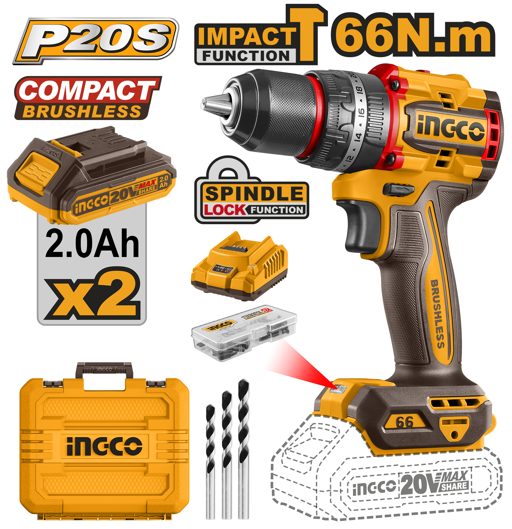Brushless motor. Voltage: 20V. No-load speed: 0 - 500 / 0 - 2 000 rpm. Max impact rate: 30 000 bpm. Max torque: 66 Nm. Metal chuck. Chuck capacity: 13 mm. Torque settings: 22 + 1 + 1. Mechanical 2-speed gear. Spindle lock function. Integrated LED work light. LED battery power indicator. Includes: 2 x 2.0Ah battery packs (FBLI20011), 1 x charger (FCLI2001), charge volts: 220 - 240V ~ 50/60Hz, 47 accessories, and 3 masonry drill bits. Packed by carrying case.