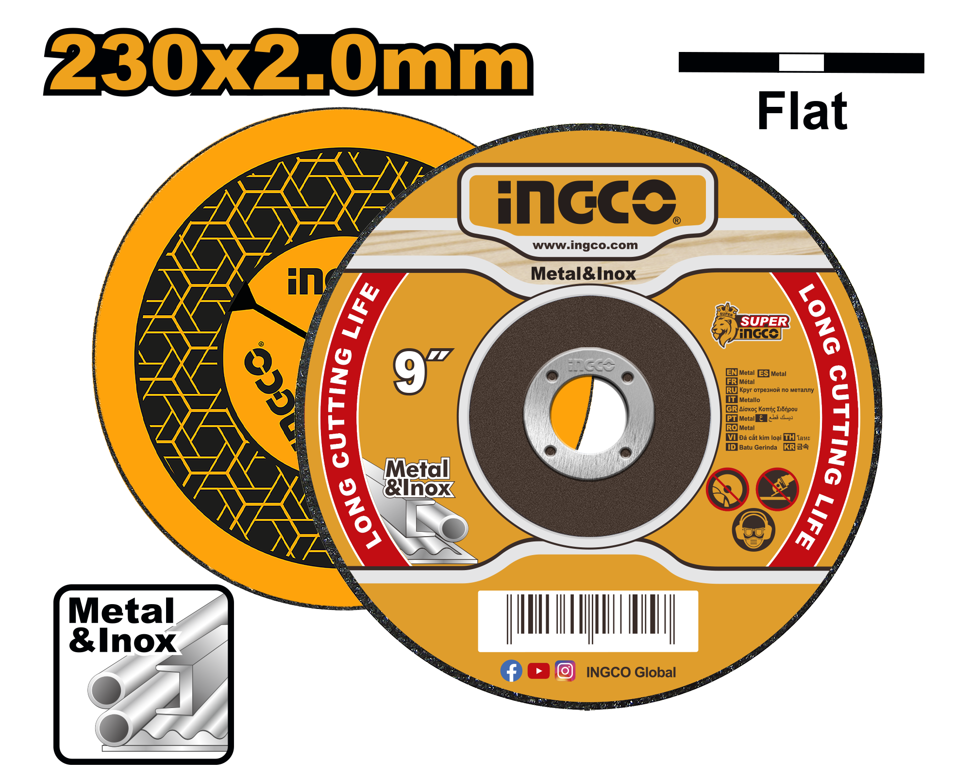 230 mm (9") x 2.0 mm (5/64") x 22.2 mm (7/8") flat centre cutting disc for metal and inox. Maximum speed: 6 650 r/min. Packed by label.