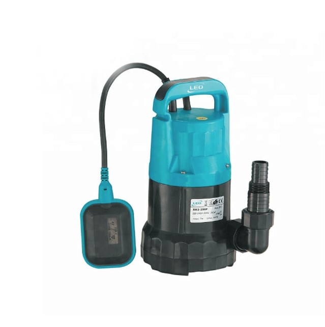 The LEO XKS submersible pump is designed for garden use and is suitable for pumping clean water from sources such as wells, tanks, and cellars. It features a built-in float switch that automatically activates the pump when sufficient water is present and shuts it off to prevent dry running. The pump comes with a power cable connected to a switch box with an ON/OFF button, along with a plug for connection to a 230 V mains power supply.