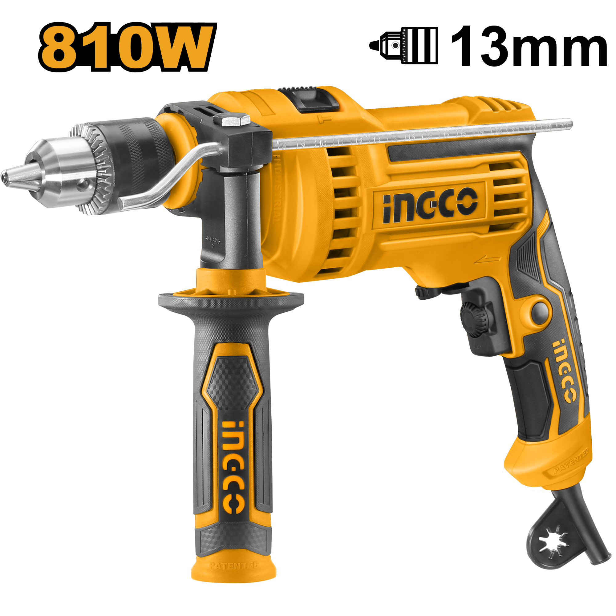Voltage: 220 - 240V ~ 50/60Hz. Input power: 810W. No-load speed: 0 - 2 800 rpm. Max drilling capacity: 13 mm. Variable speed control. Forward/reverse switch. Hammer function. Includes: 1 set of extra carbon brushes. Packed by colour box.