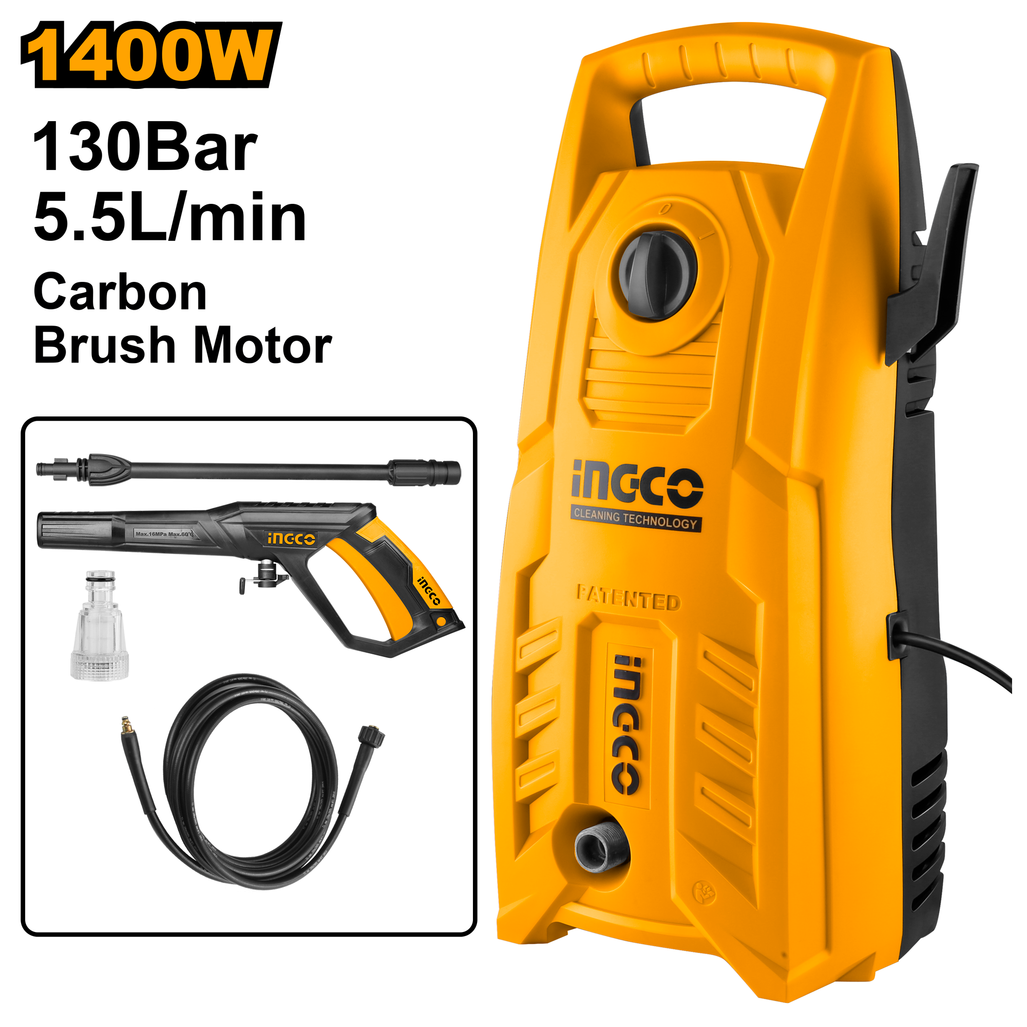 Voltage: 220 - 240V ~ 50/60Hz. Input power: 1 400W. Max pressure: 130 Bar (1 900 PSI). Flow rate: 5.5 L/min. Auto stop system. Carbon brush motor. Pure copper wire. Includes: 1 x water spray gun (AMSG028) and 1 x 5 m high-pressure hose (AHPH5028).