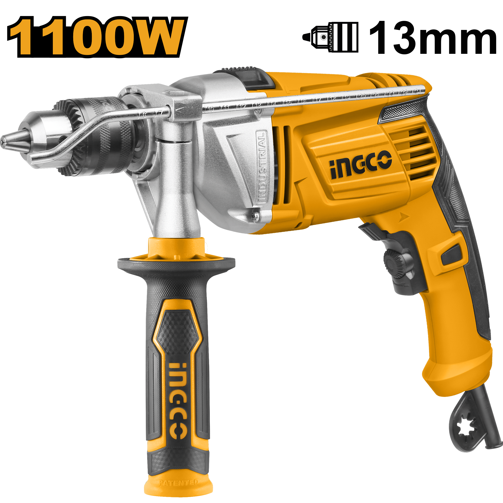 Voltage: 220 - 240V ~ 50/60Hz. Input power: 1 100W. No-load speed: 0 - 2 800 rpm. Max drilling capacity: 13 mm. Variable speed control. Forward/reverse switch. Hammer function. Aluminium gearbox. Includes: 1 set of extra carbon brushes.