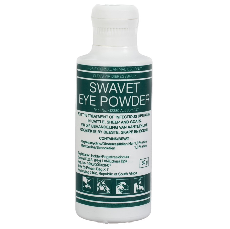 This product is used for the treatment of infectious ophthalmia in cattle, sheep, goats, pigs, and horses. It should be administered only as directed by puffing it into the affected eye, with the treatment repeated two to three times daily until symptoms such as tearing, redness, and pain subside. Any temporary white discoloration of the cornea will gradually resolve on its own. Affected animals should be isolated and kept in a shaded environment during treatment. The product must be kept out of reach of children, uninformed persons, and animals. Although it has been extensively tested under various conditions, effectiveness may vary due to a range of factors; if treatment failure is suspected, veterinary advice should be sought and the registration holder notified.