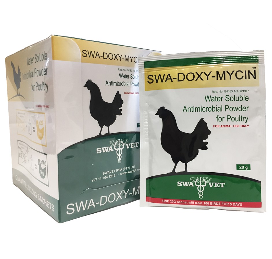 Swa-Doxy-Mycin is an effective water-soluble antimicrobial powder formulated for the treatment of bacterial infections in poultry. It provides a reliable and convenient method of administration, as it can easily be mixed into drinking water. Each 20 g sachet is capable of treating up to 500 birds when dissolved in 100 litres of water and administered continuously for 5 days. For smaller flocks, one sachet can also treat approximately 100 birds over the same treatment period. To maintain effectiveness, a fresh solution should be prepared daily, and a withdrawal period of 5 days must be observed after treatment before consumption. Swa-Doxy-Mycin helps support the overall health, productivity, and growth of poultry by targeting a wide range of bacterial infections, creating a healthier environment and promoting optimal bird development.