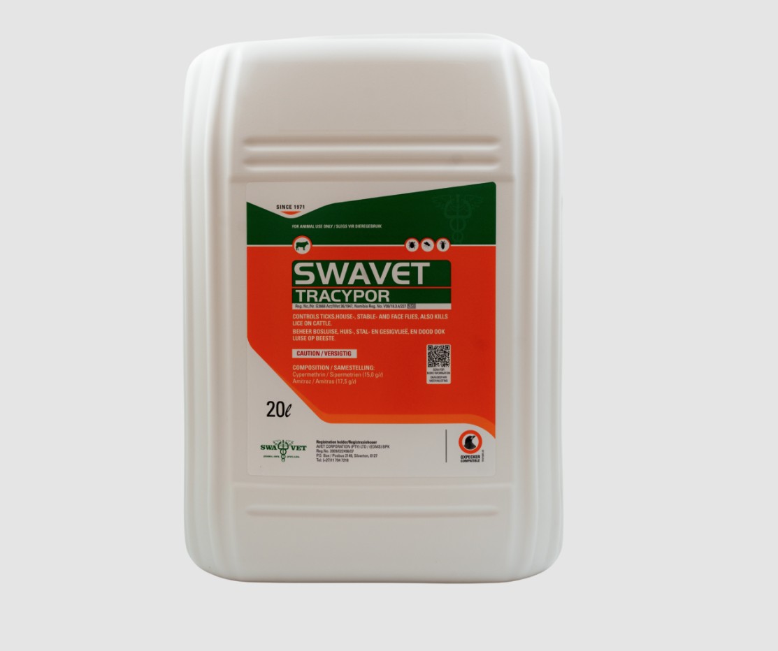 This product is used for the control of ticks, house flies, stable flies, and face flies, and it is also effective in killing lice on cattle. It should be used strictly as directed and is intended for external use only. The container must be shaken well before application and protected from extreme heat and cold. For cattle, the recommended dosage is 10 ml per 100 kg of live body mass, applied along the midline of the back. Application should be carried out using a suitable applicator, ensuring coverage from the head to the tail. Treatment should be repeated weekly for three weeks, after which further treatment should be based on the level of infestation or challenge.
