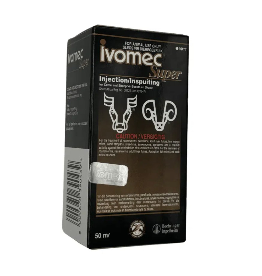 Boehringer Ingelheim Ivomec Super Injection is a veterinary antiparasitic treatment formulated for cattle and sheep to eliminate a wide range of internal and external parasites, including roundworms, Parafilaria, adult liver flukes, lice, mange mites, sand tampans, blue ticks, screwworms, eyeworms, nasal worms, and various mite infestations. It also provides residual protection against reinfestation of roundworms in cattle, offering broad-spectrum control in a single administration. The product is intended for farmers and livestock owners who need reliable parasite management to support herd health and productivity. Its key benefits include comprehensive antiparasitic activity, extended protection against roundworm reinfection in cattle, and effective control of multiple parasite types in both cattle and sheep, helping to maintain overall animal health and performance.