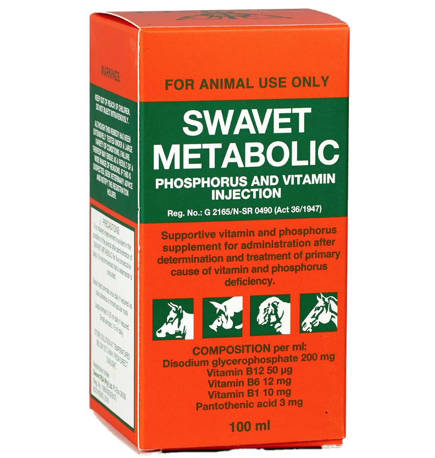 This product is a supportive vitamin and phosphorus supplement used after identifying and treating the primary cause of vitamin and phosphorus deficiencies in animals. It should be administered once daily as needed via subcutaneous or intramuscular injection, with treatment repeated for 3 to 5 days. Dosage varies according to animal size, with large animals receiving 5 to 25 mL daily and small animals receiving 1 to 5 mL daily. The product must be kept out of reach of children, uninformed persons, and animals. Although it has been extensively tested under a wide range of conditions, treatment failure may still occur for various reasons, and if this is suspected, veterinary advice should be sought and the registration holder notified.