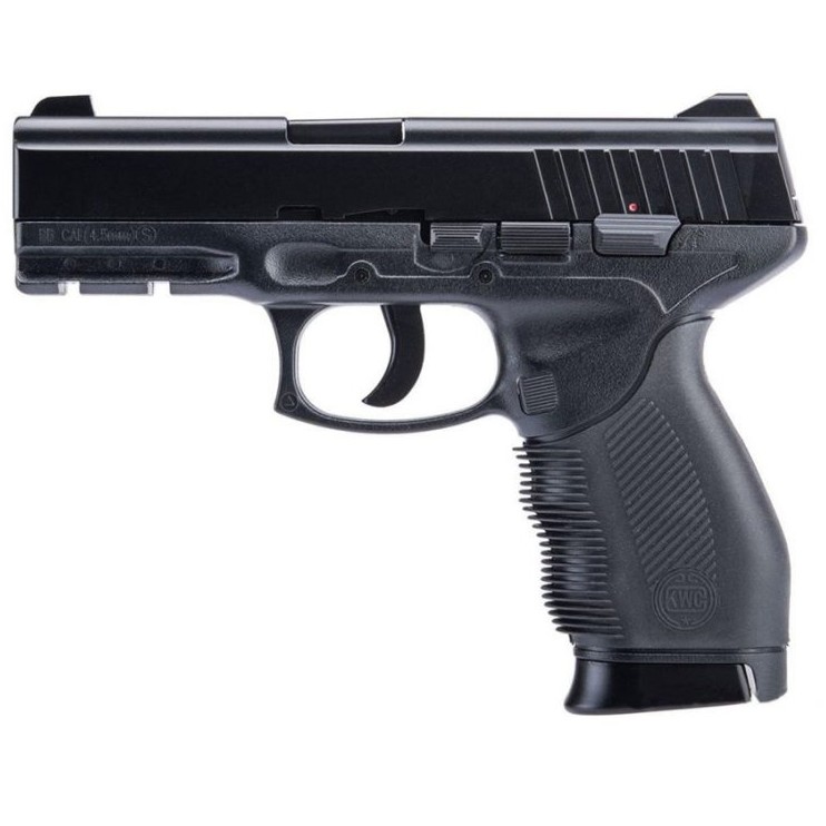 The KWC 4.5mm Taurus Air Pistol is a semi-automatic replica designed to closely reflect the appearance and handling of the Taurus PT92, which itself is based on the classic Beretta M92 platform. Built with a solid full-metal construction, it offers a realistic weight and feel for enhanced authenticity during use. The pistol features a full blowback system that simulates recoil action with each shot, providing a more immersive shooting experience. It is also equipped with a 20 mm tactical rail, allowing for the easy attachment of accessories such as lasers or tactical lights. For added realism and functionality, the slide locks back when the magazine is empty, making it a reliable and engaging choice for airgun enthusiasts.