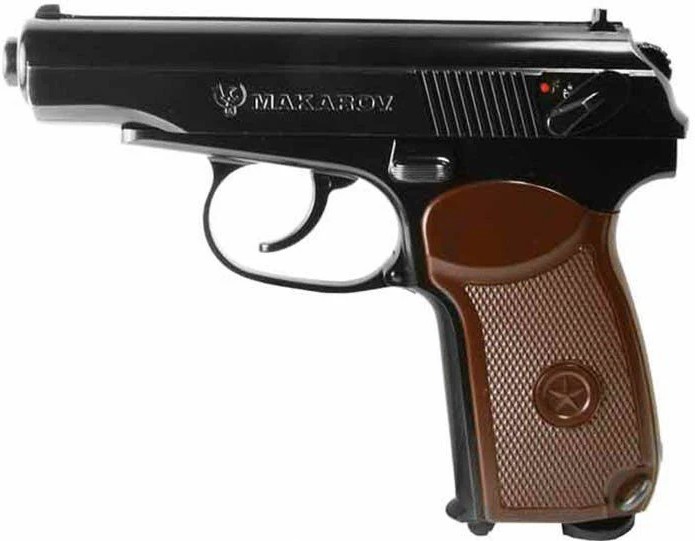 The KWC Makarov 4.5 mm CO? air pistol is a BB air pistol manufactured by KWC and based on the Makarov PM design. It is constructed mostly from metal, giving it a realistic weight and feel, and weighs approximately 1.6 pounds (737 grams). The pistol features a 3-inch smoothbore barrel and is powered by a single CO? cartridge. It operates in semi-automatic mode with single-action only functionality and uses 4.5 mm steel BBs with a 15-round magazine capacity. The kit includes the air pistol, magazine, an Allen key, 100 BBs, and a user manual.